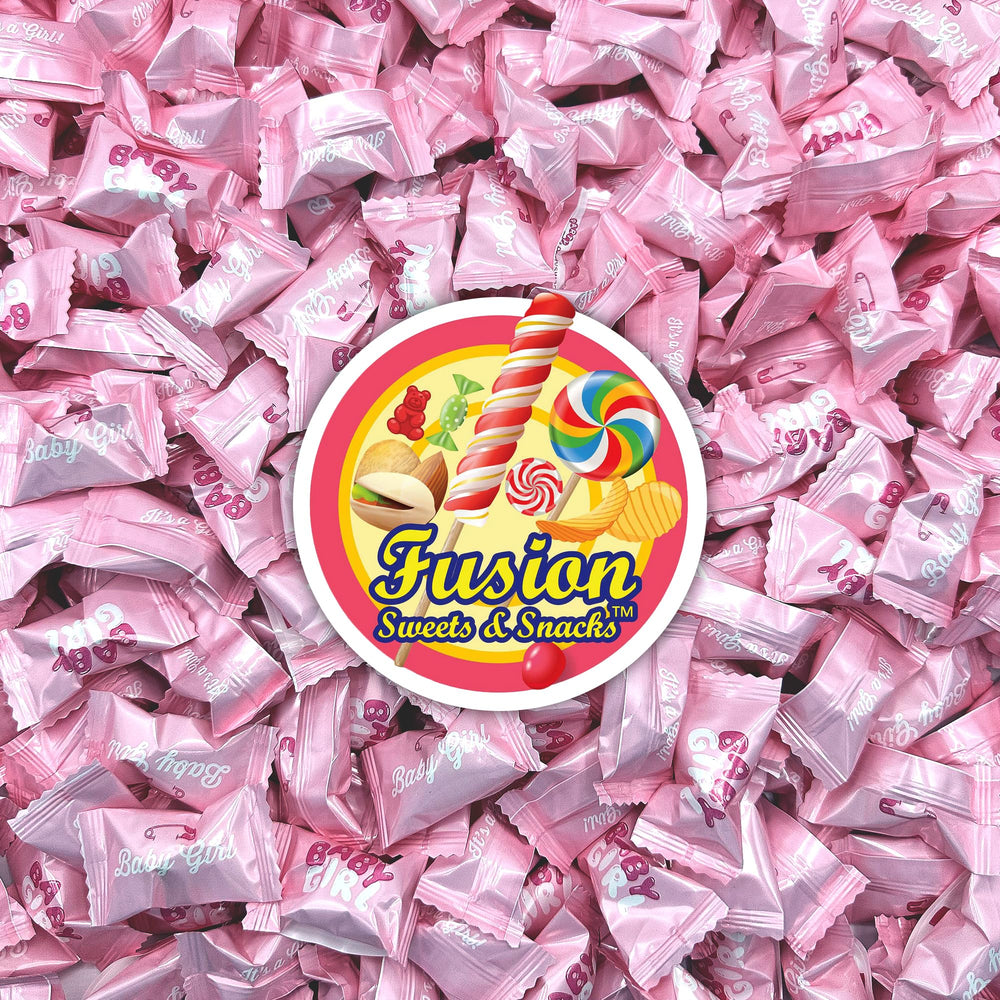 Fusion Sweets Baby Girl Buttermints for gender reveals with pink foil wrappers.