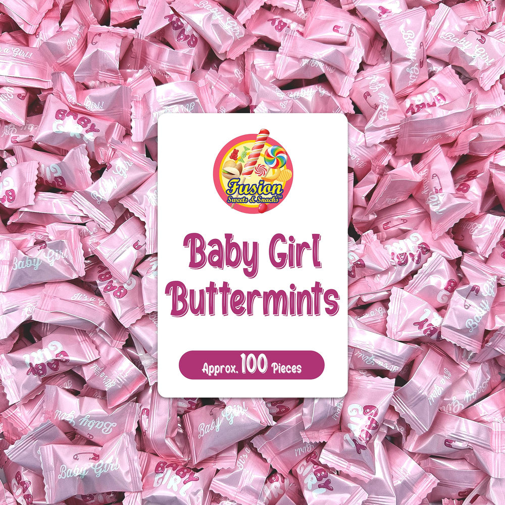 Fusion Sweets Baby Girl Buttermints in pink wrappers, ideal for elegant baby shower candy cups.