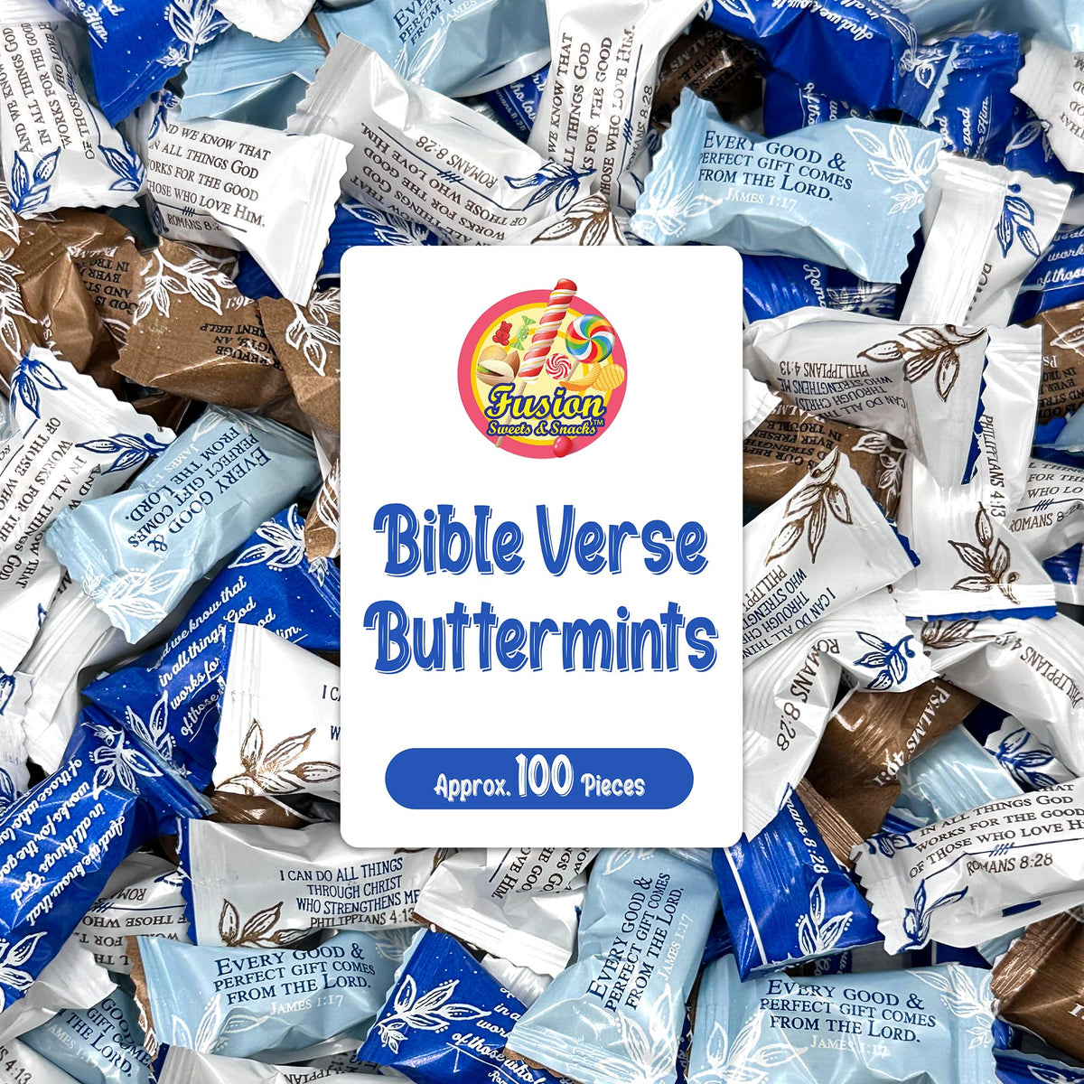 Fusion Sweets Bible Verse Buttermints pack shown, convenient for after-dinner sharing.