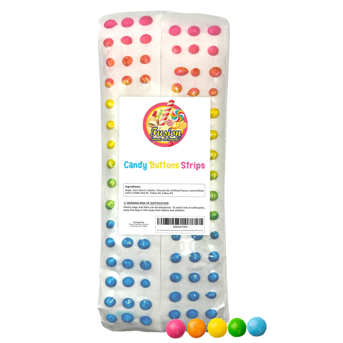 Fusion Sweets Candy Buttons Rainbow Strips on paper, vibrant fruit dots for treats