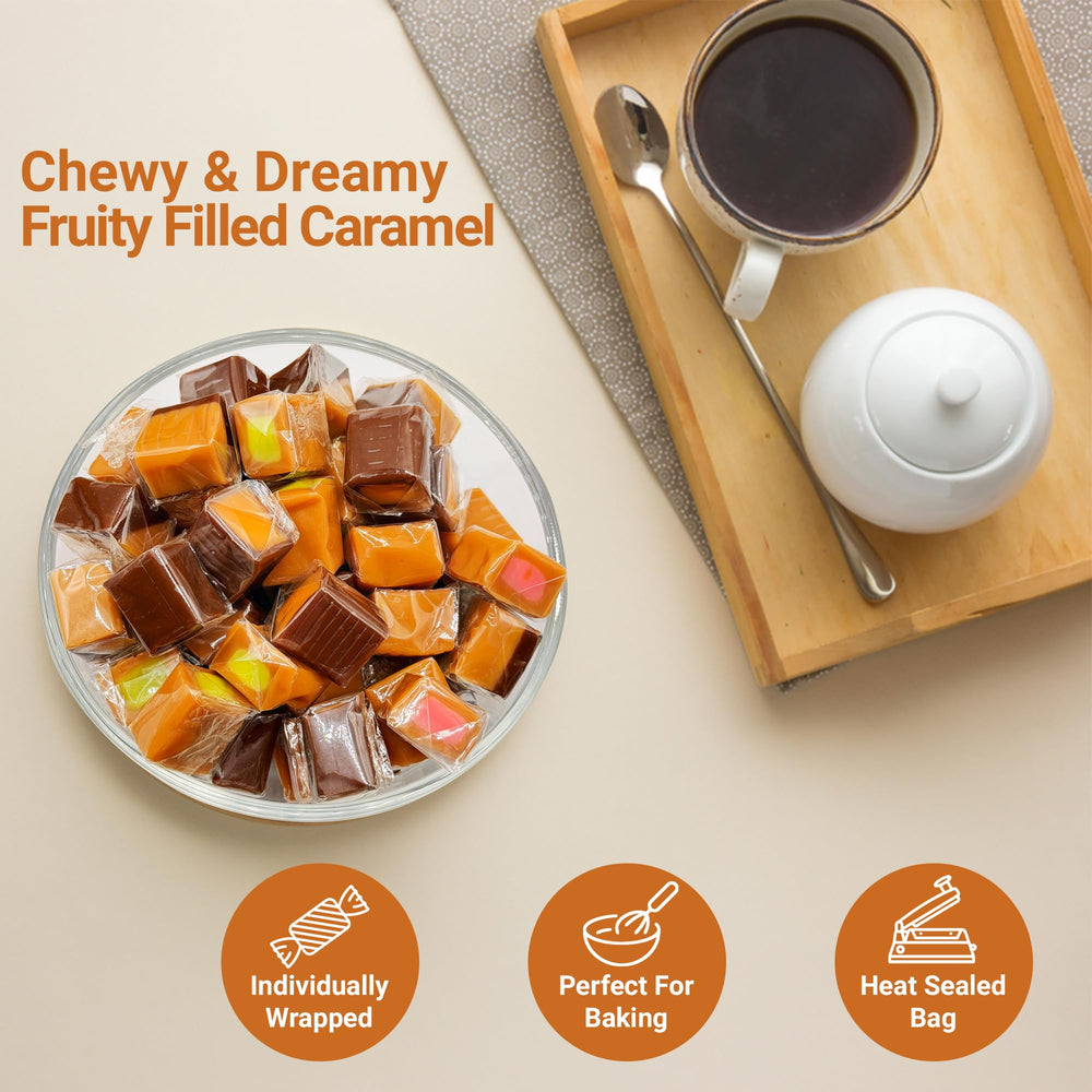 Fusion Sweets Caramel Mix Assorted, heat-sealed packaging preserves freshness.