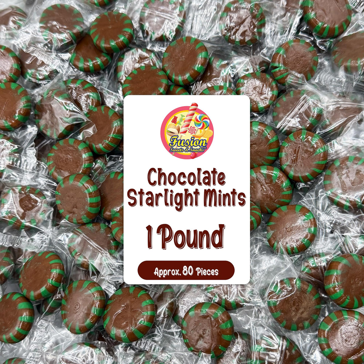 Fusion Sweets Chocolate Starlight Mints packaging close-up showing freshness.