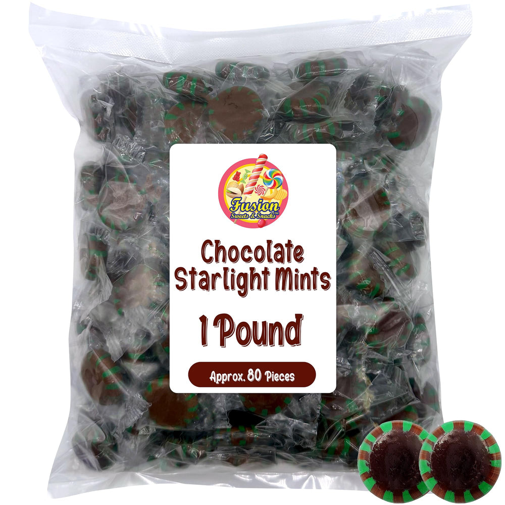 Table display of Fusion Sweets Chocolate Starlight Mints in an elegant setup.