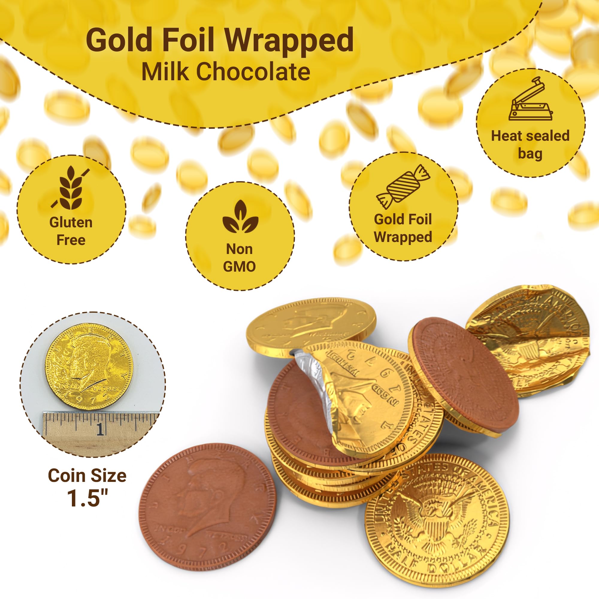 Fusion Sweets And Snacks Gold Candy Coins close-up; gold-wrapped coins with melt-in-your-mouth texture.