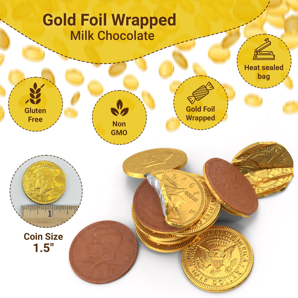 Fusion Sweets And Snacks Gold Candy Coins close-up; gold-wrapped coins with melt-in-your-mouth texture.