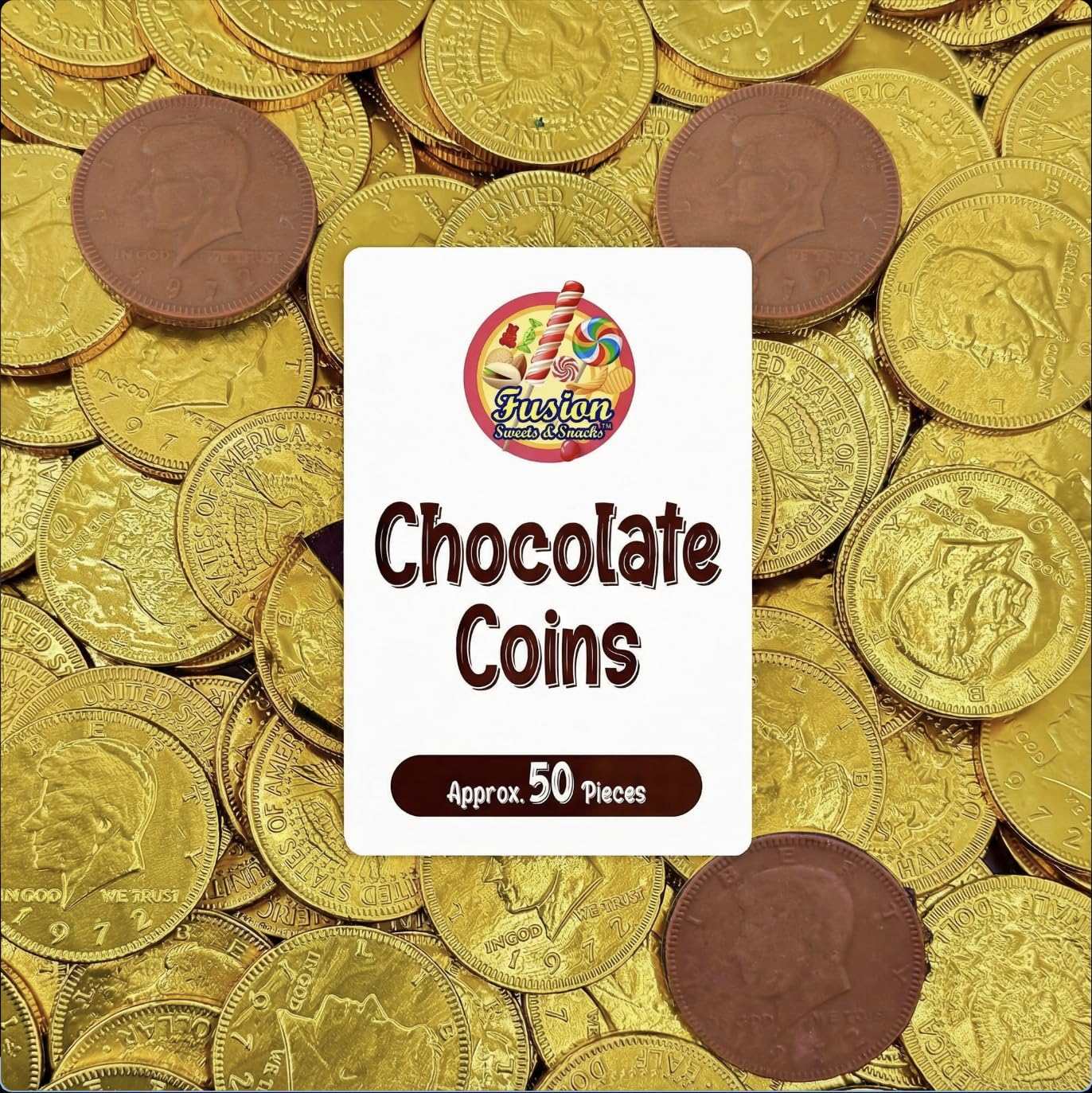 Fusion Sweets Gold Candy Coins bulk pack adds festive flair to party favors and decor.