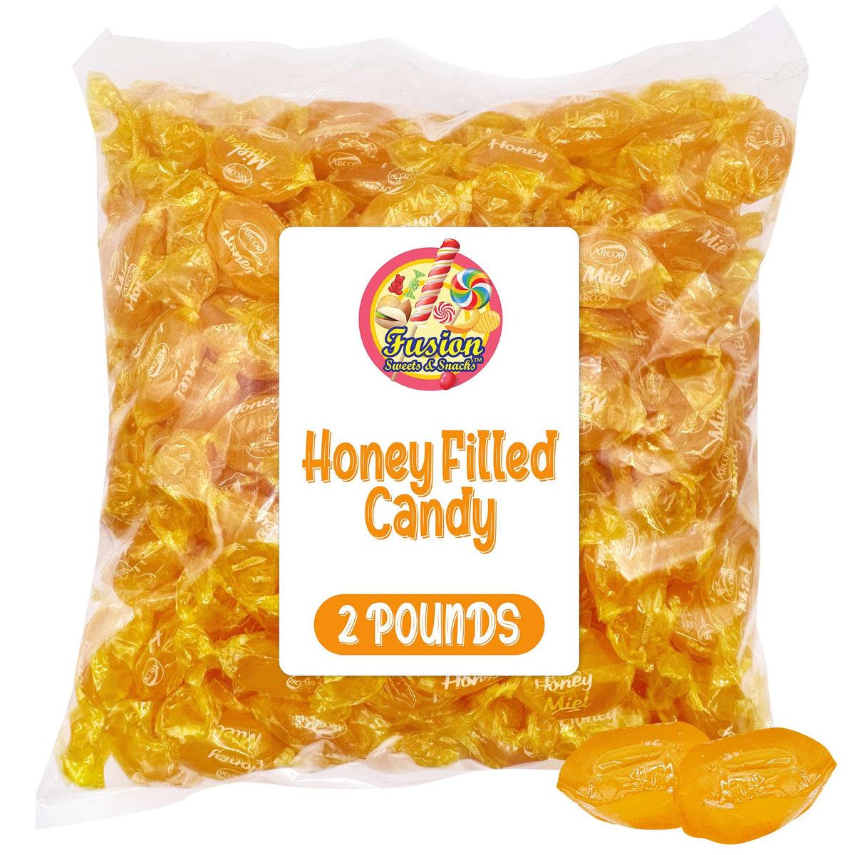 Fusion Sweets honey-filled hard candy, individually wrapped, ideal for on-the-go treats.