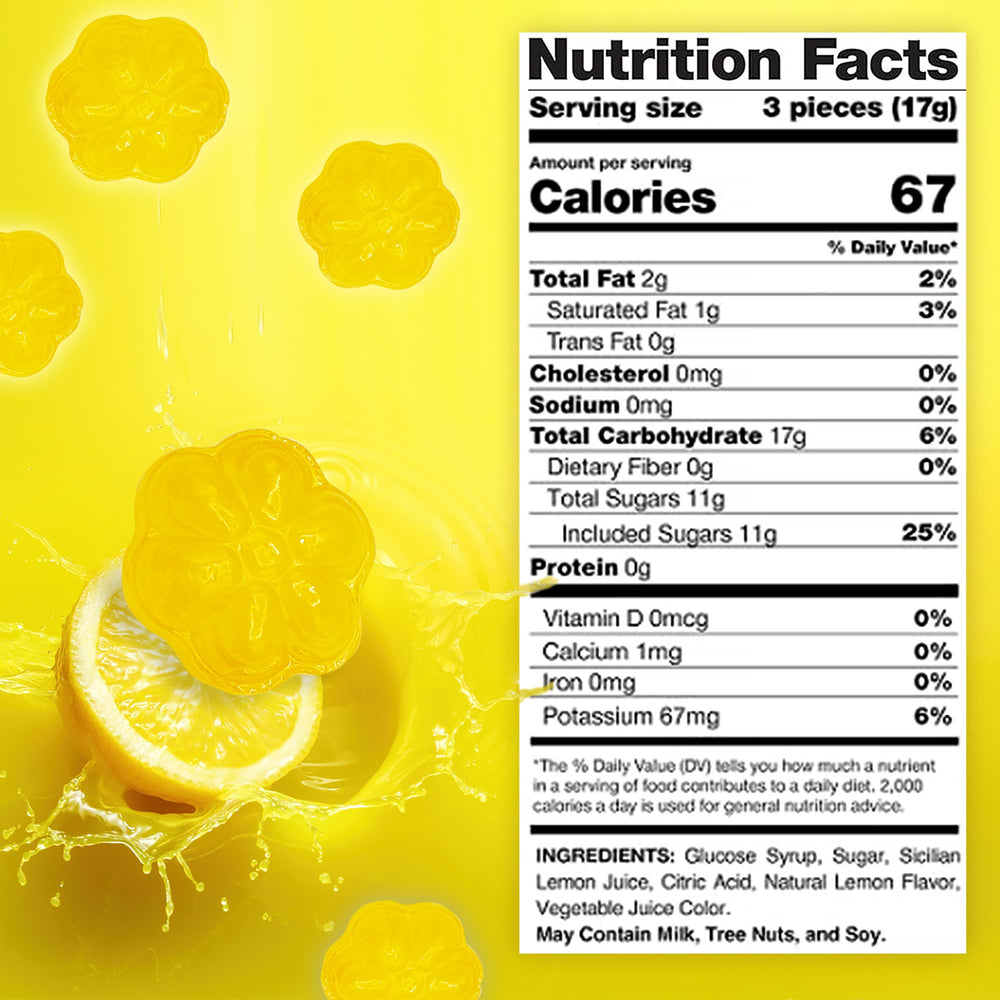 Fusion Sweets lemon drops close-up reveals vivid Sicilian zest and sunny sweetness.