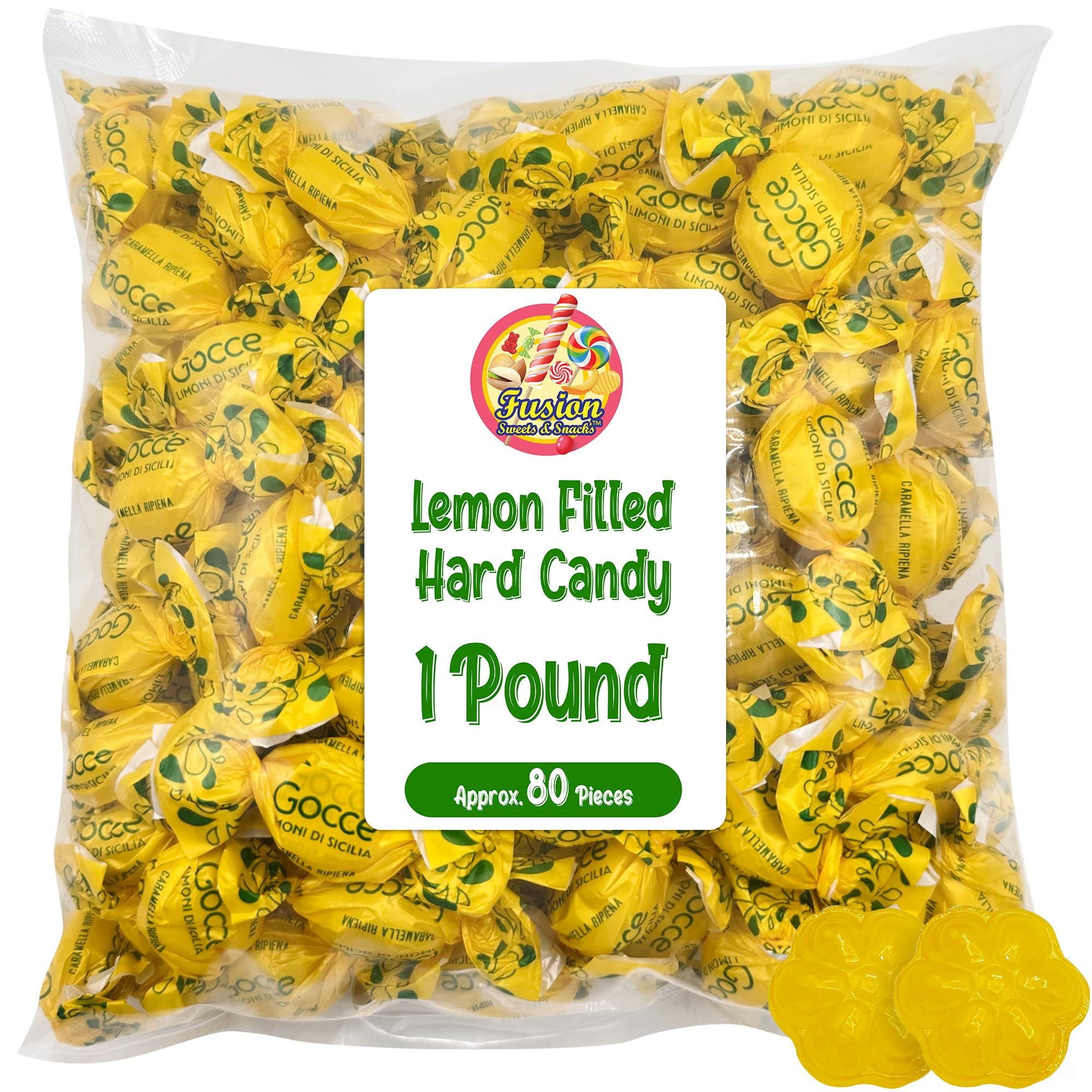 Fusion Sweets lemon drops individually wrapped for freshness and sharing.