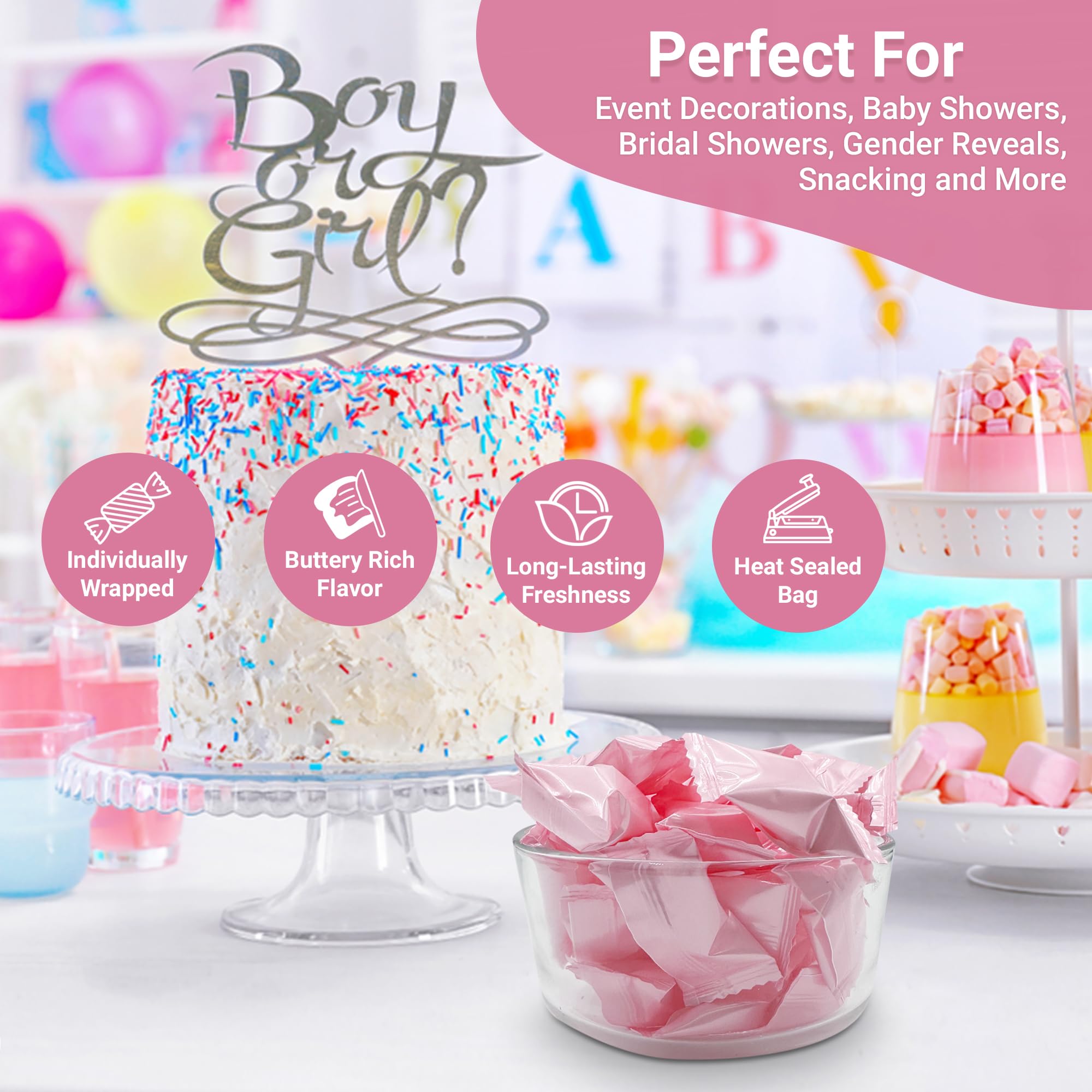 Fusion Sweets And Snacks Pink Buttermints decorating a diaper cake