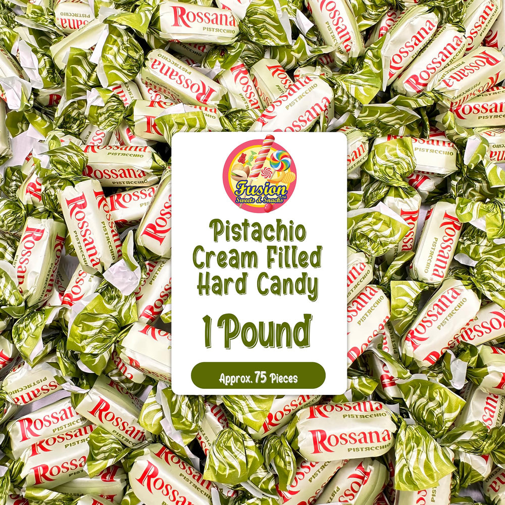 Fusion Sweets Rossana Pistachio Candy in a 1 lb bag, ideal for gifting.