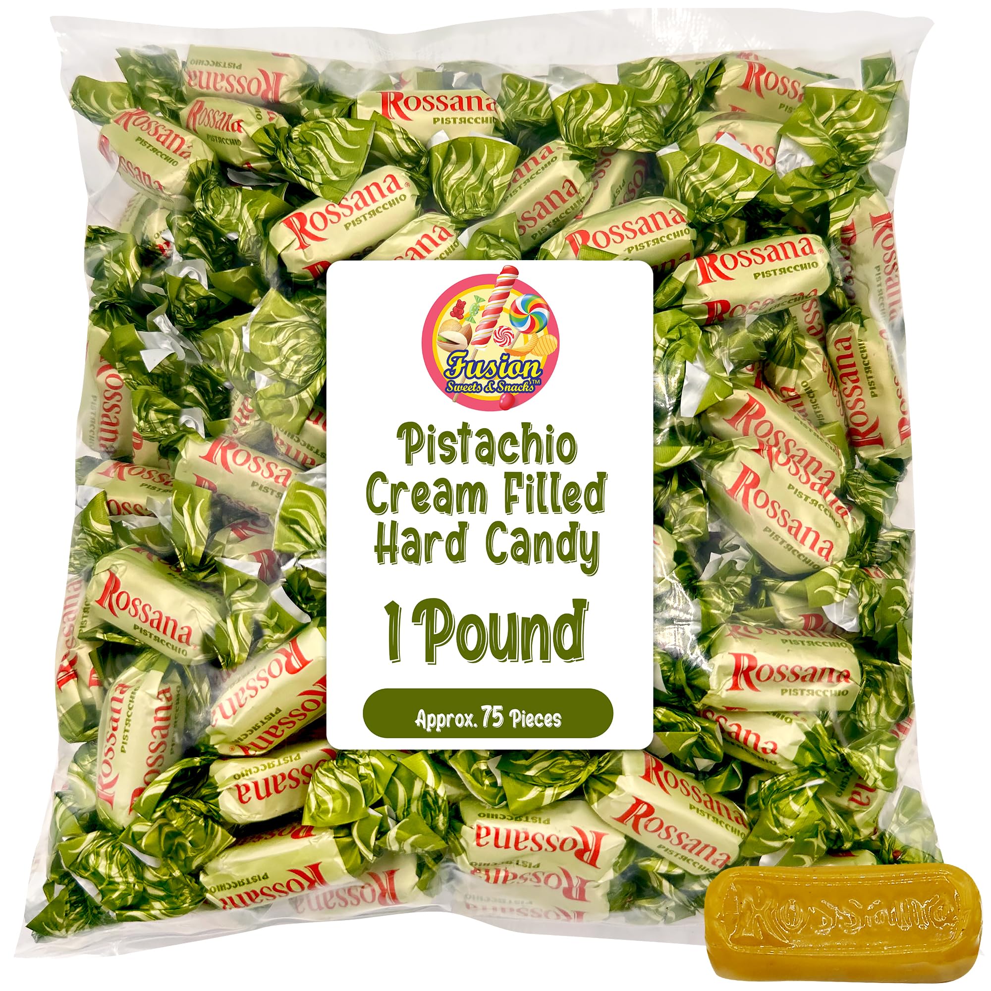 Close-up of creamy pistachio center in Rossana candy, highlighting texture.