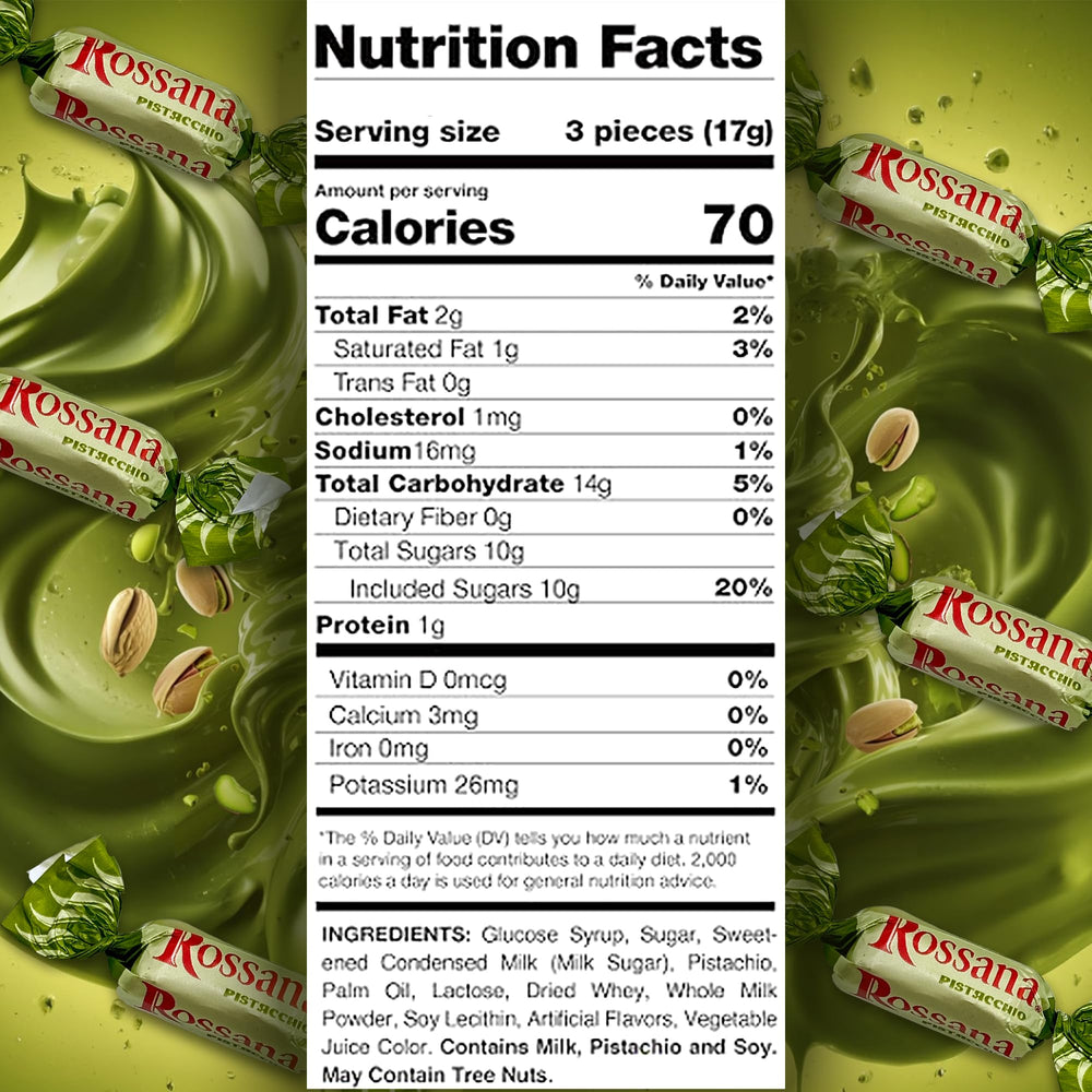 Rossana Pistachio Candy individually wrapped for freshness and sharing.