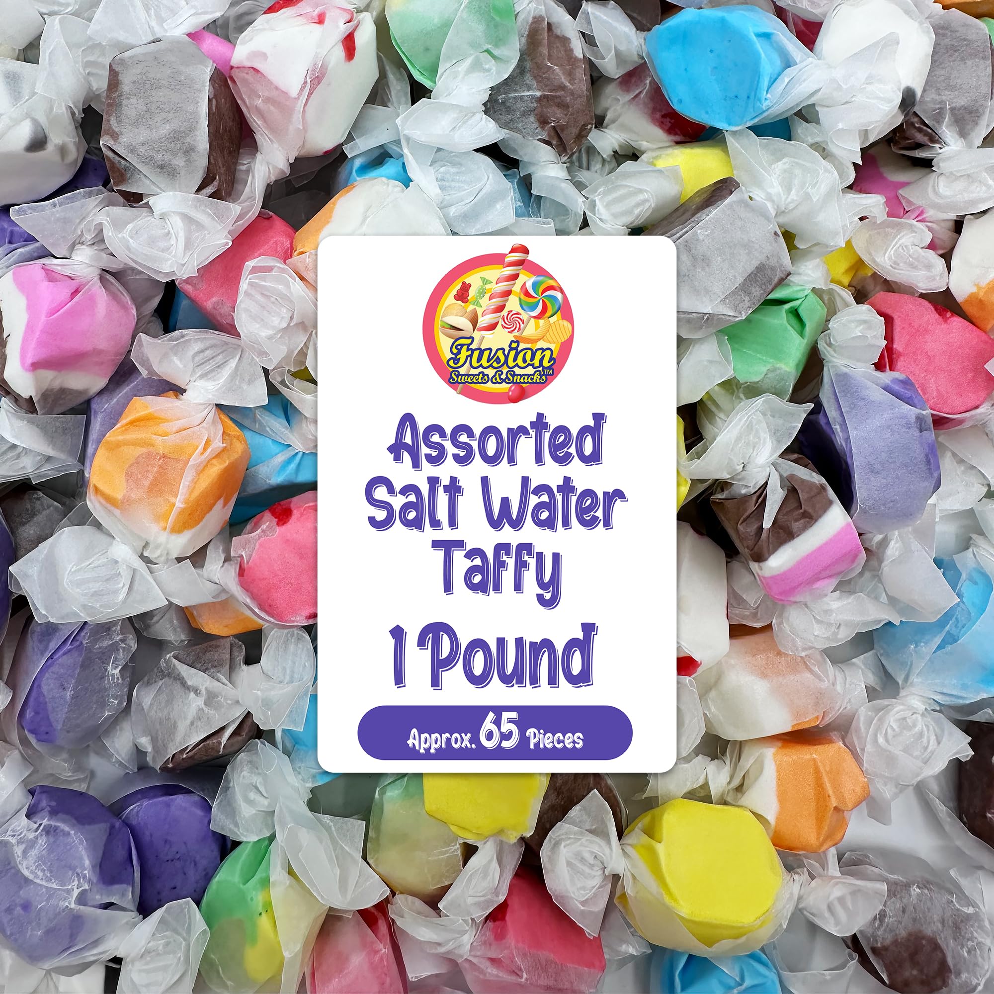 Fusion Sweets Salt Water Taffy assorted 1lb pack offers colorfully flavored, easy-to-share snacking