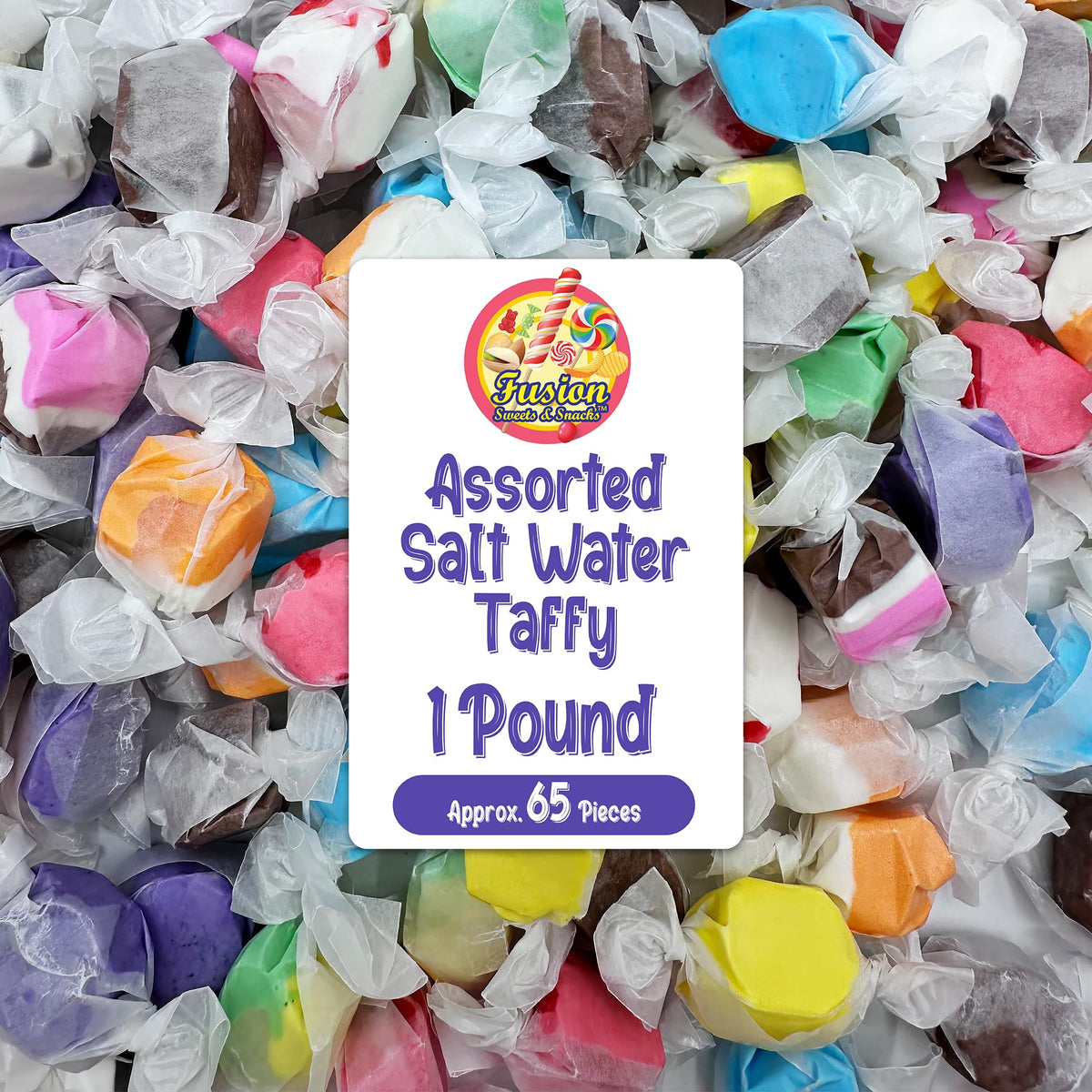 Fusion Sweets Salt Water Taffy assorted 1lb pack offers colorfully flavored, easy-to-share snacking
