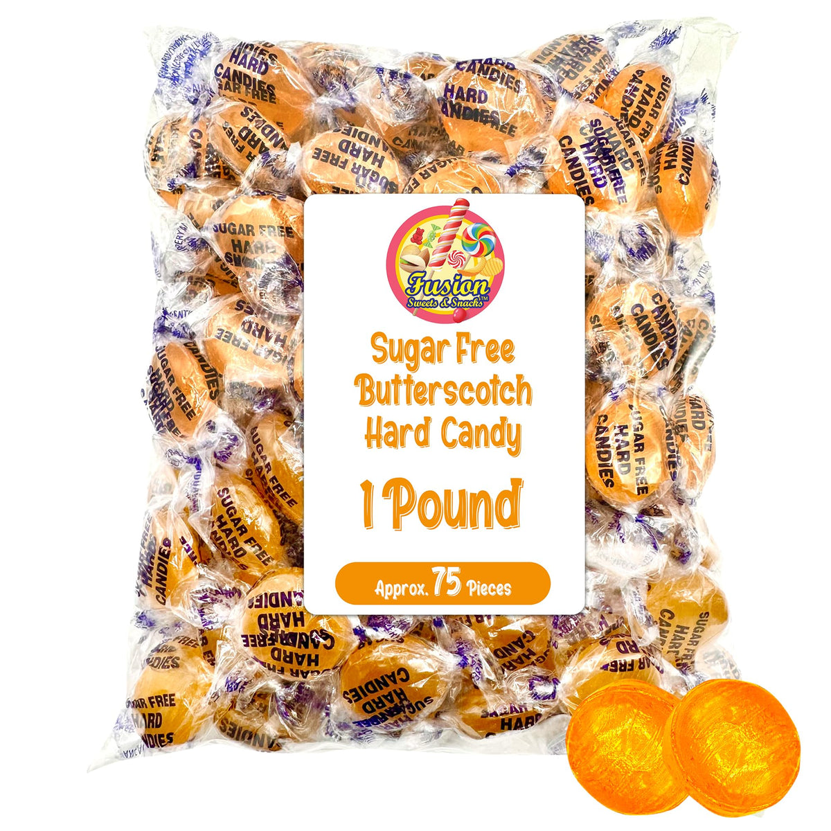 Fusion Sweets sugar-free butterscotch Arcor bag, fresh and convenient for snacking.