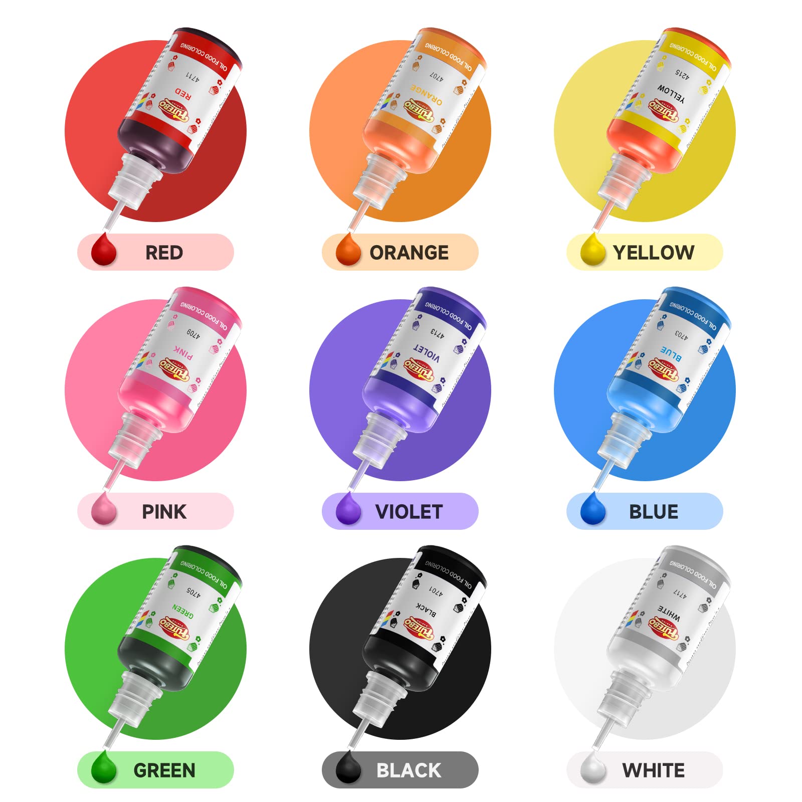 FUTEBO orange oil coloring bottle creates bright candy and frosting highlights.