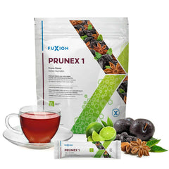 FuXion Prunex1 tea cup steeped for a prune-flavored digestive cleanse.