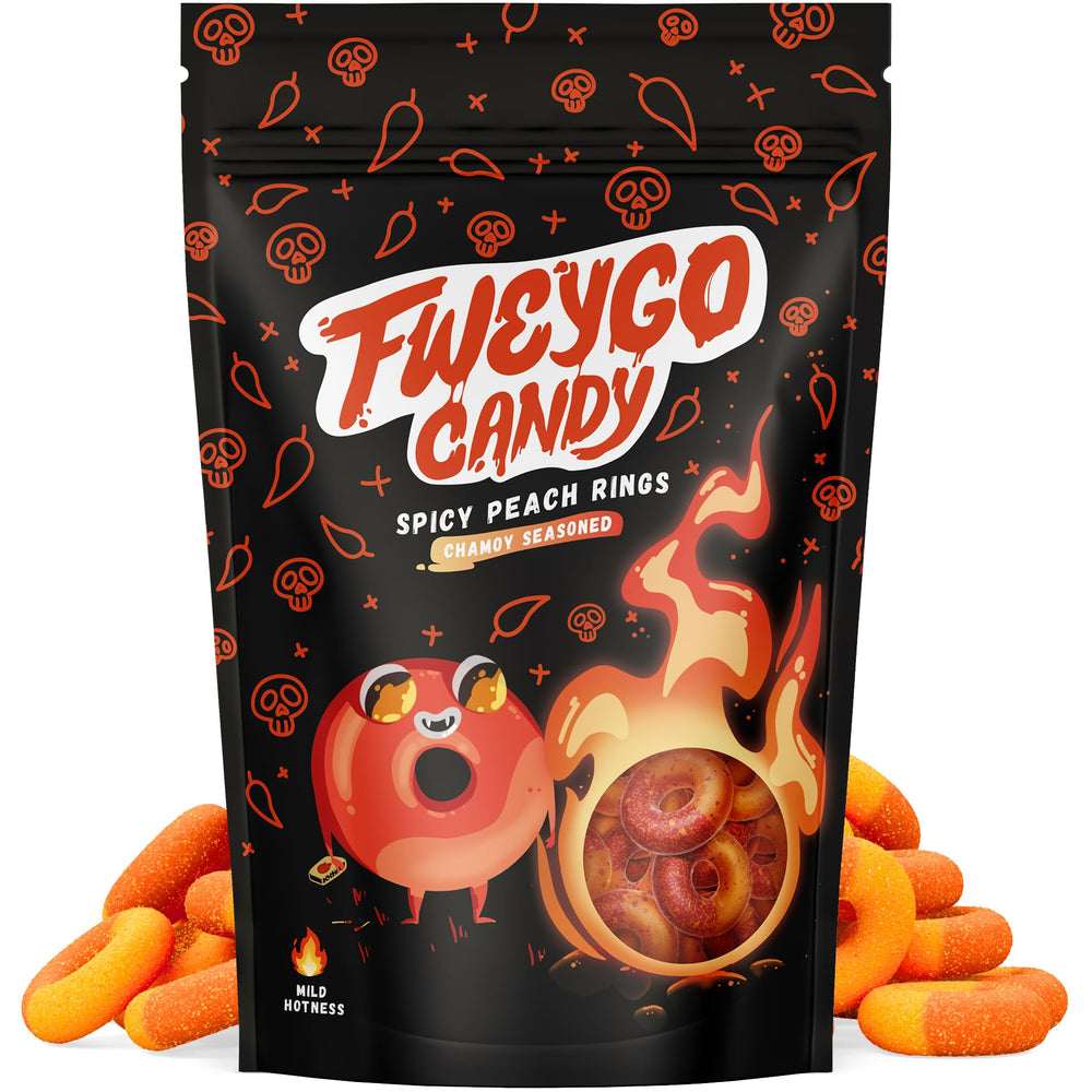 Fweygo peach rings with Tajin chamoy coating for bold flavor on the go