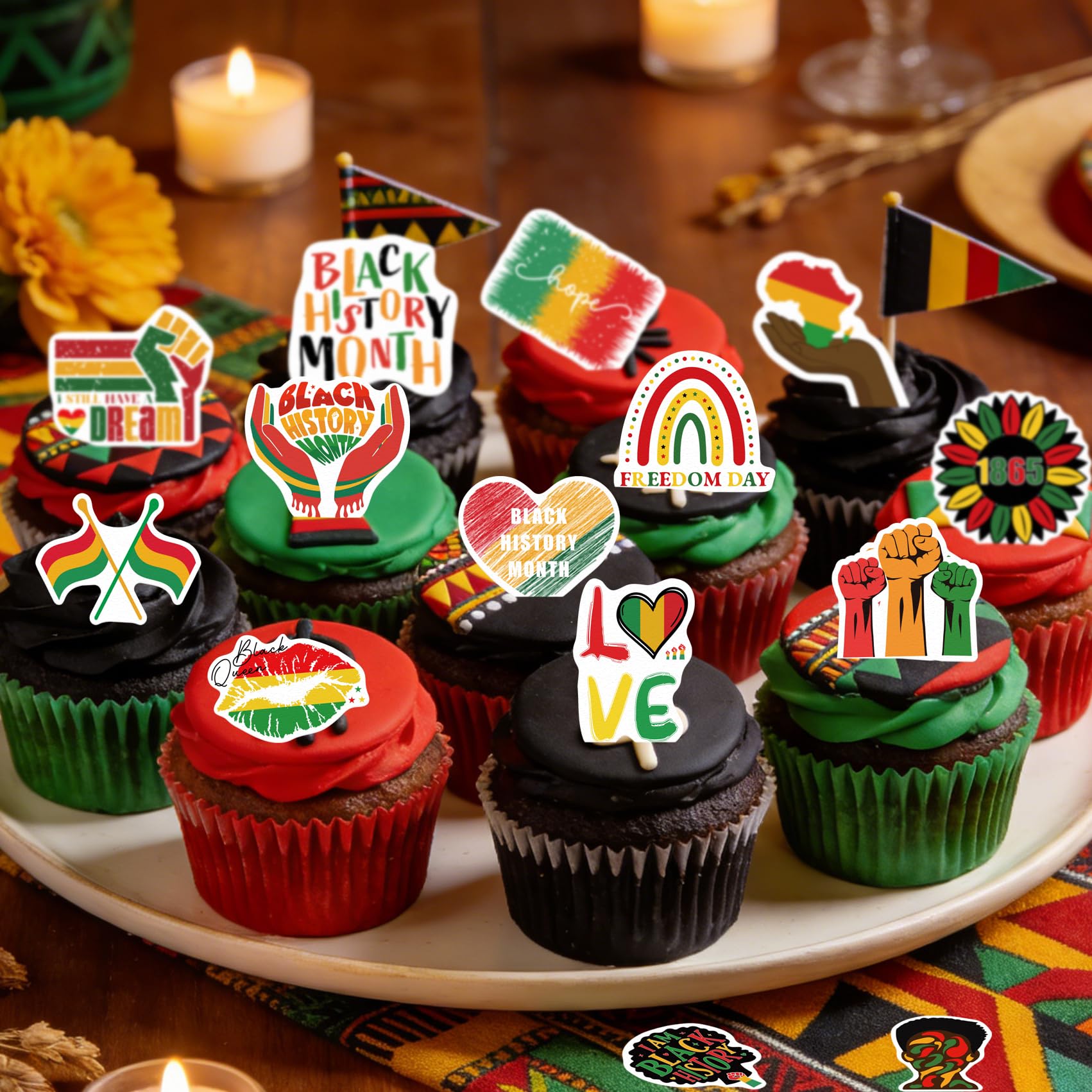 Colorful Fyeoxle toppers with red, green, gold, blue, and purple accents.