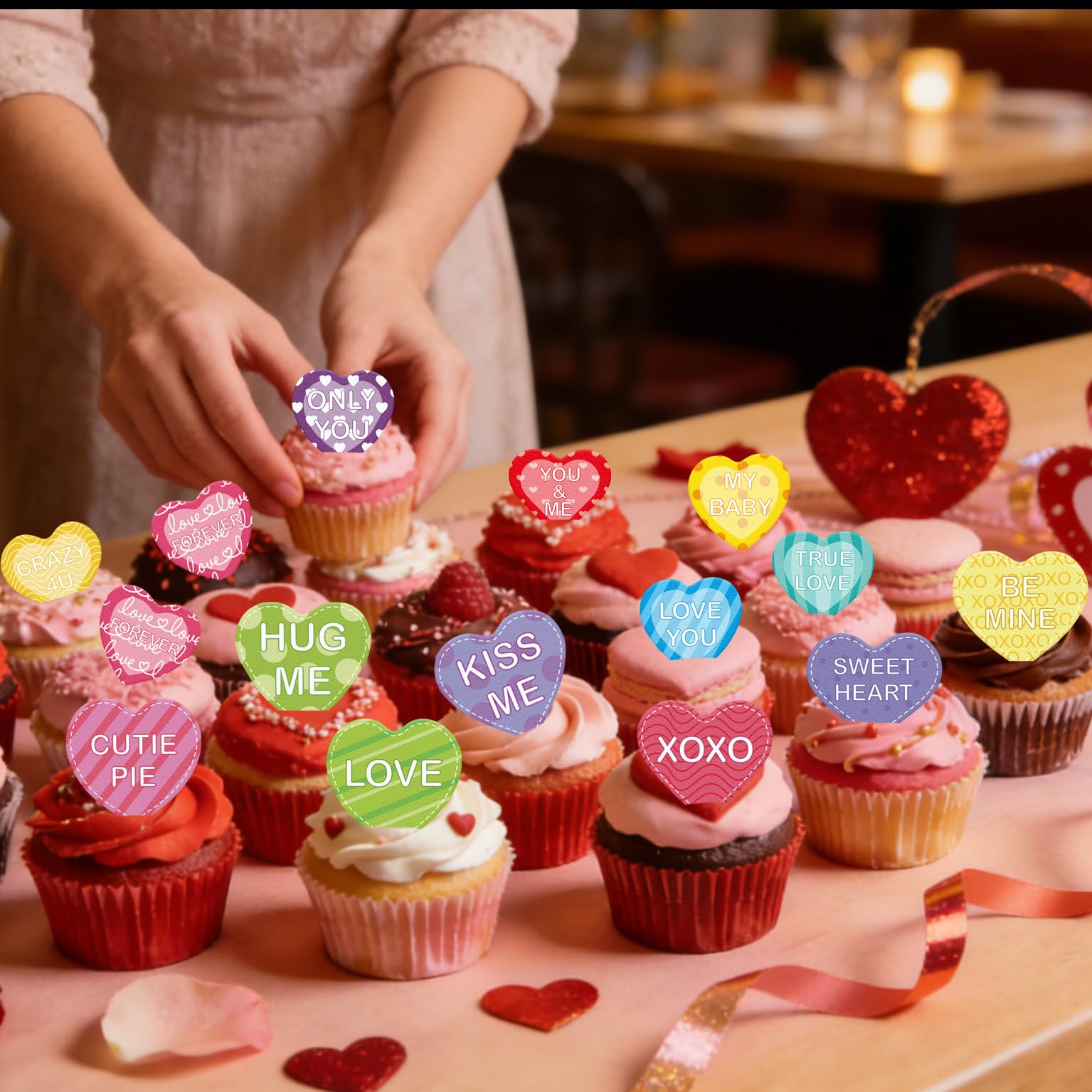 Fyeoxle colorful heart cake decor adds vibrant appeal.