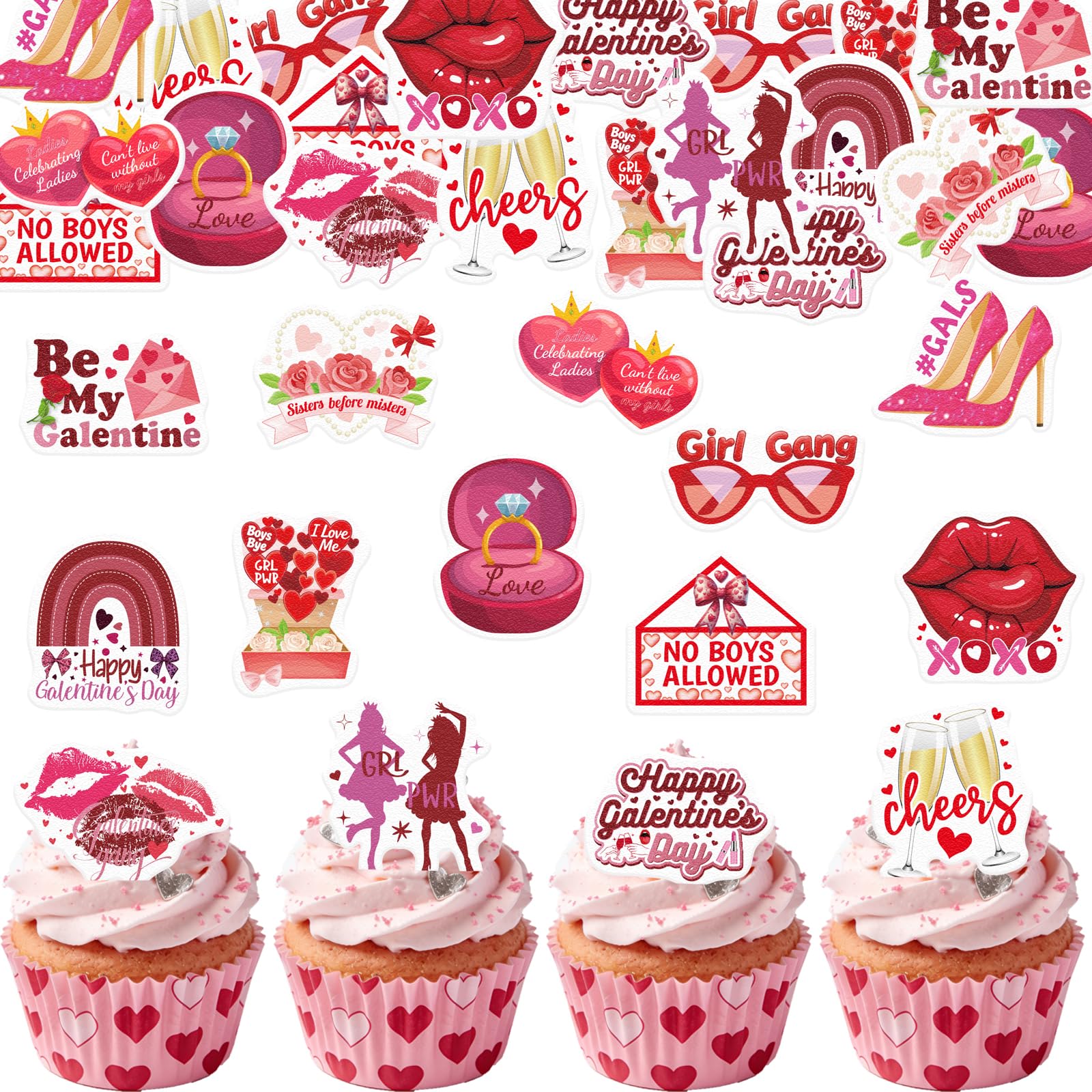 Fyeoxle edible galentines-day cupcake toppers decorate cupcakes festively.