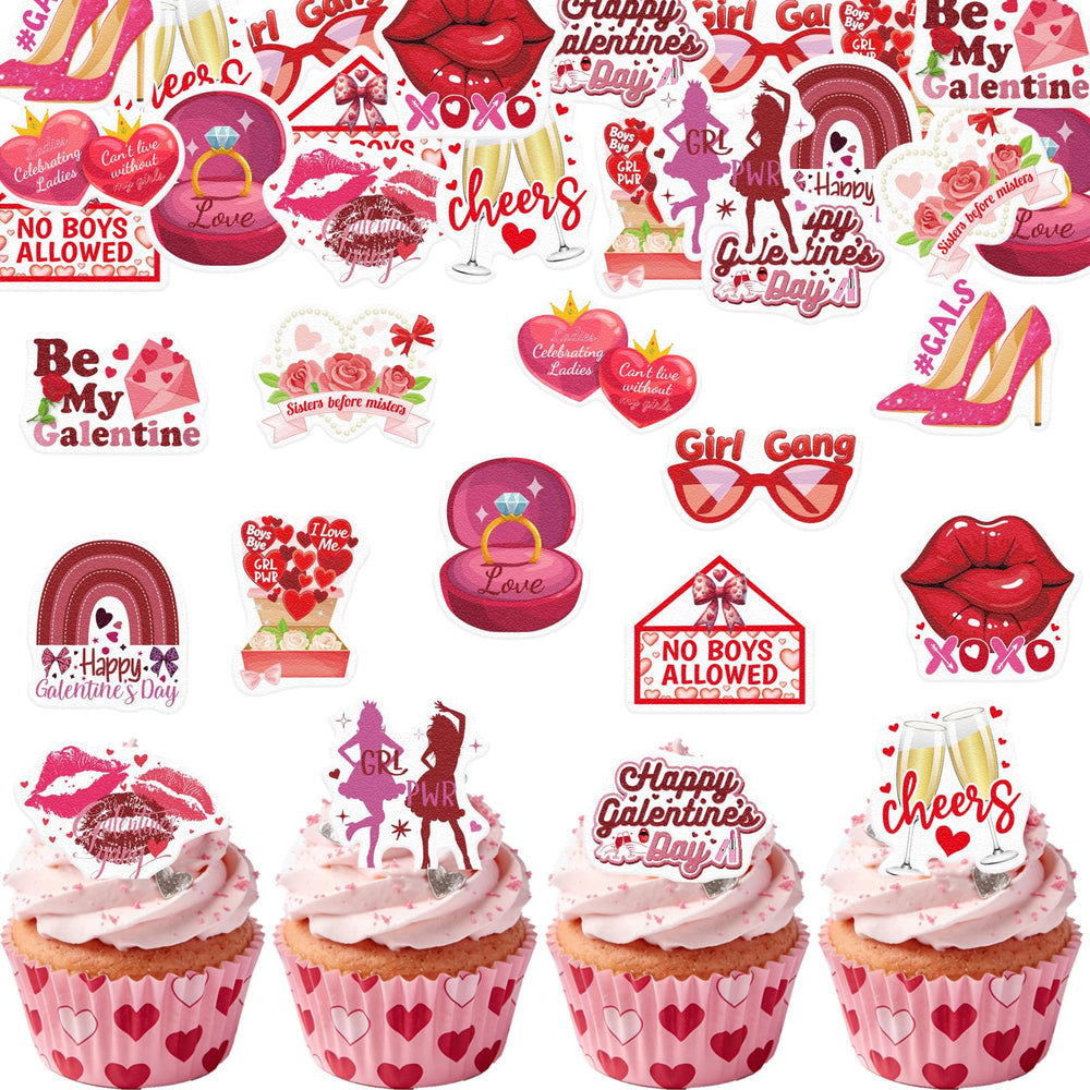 Fyeoxle edible galentines-day cupcake toppers decorate cupcakes festively.