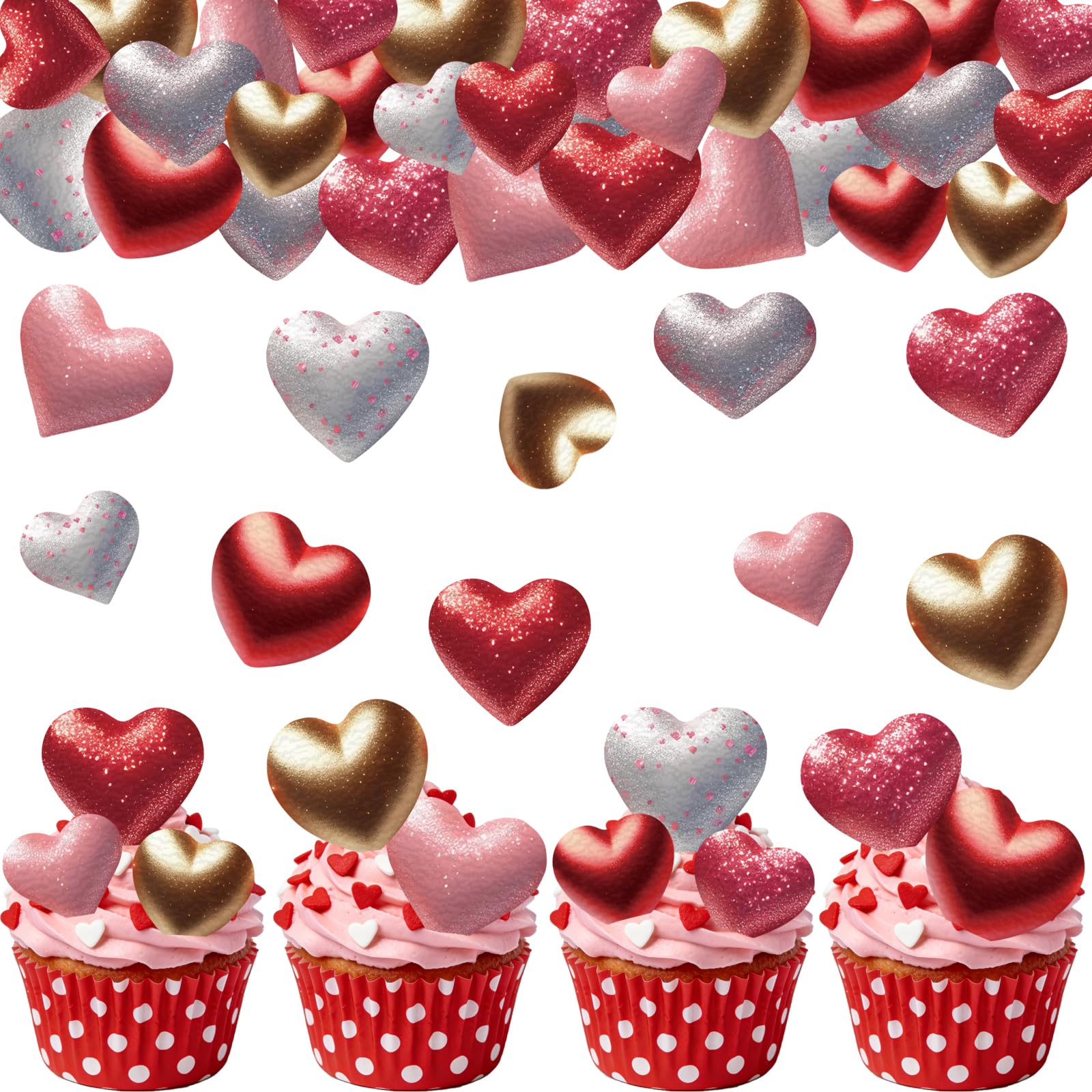 Fyeoxle edible heart toppers decorate Valentine cupcakes with red and pink accents.