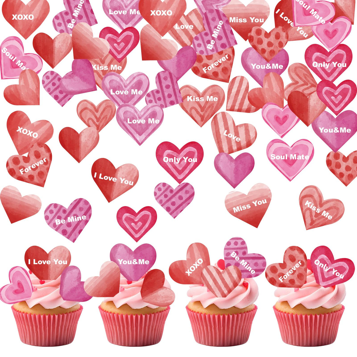 Fyeoxle edible heart toppers on cupcakes for Valentine’s Day display.