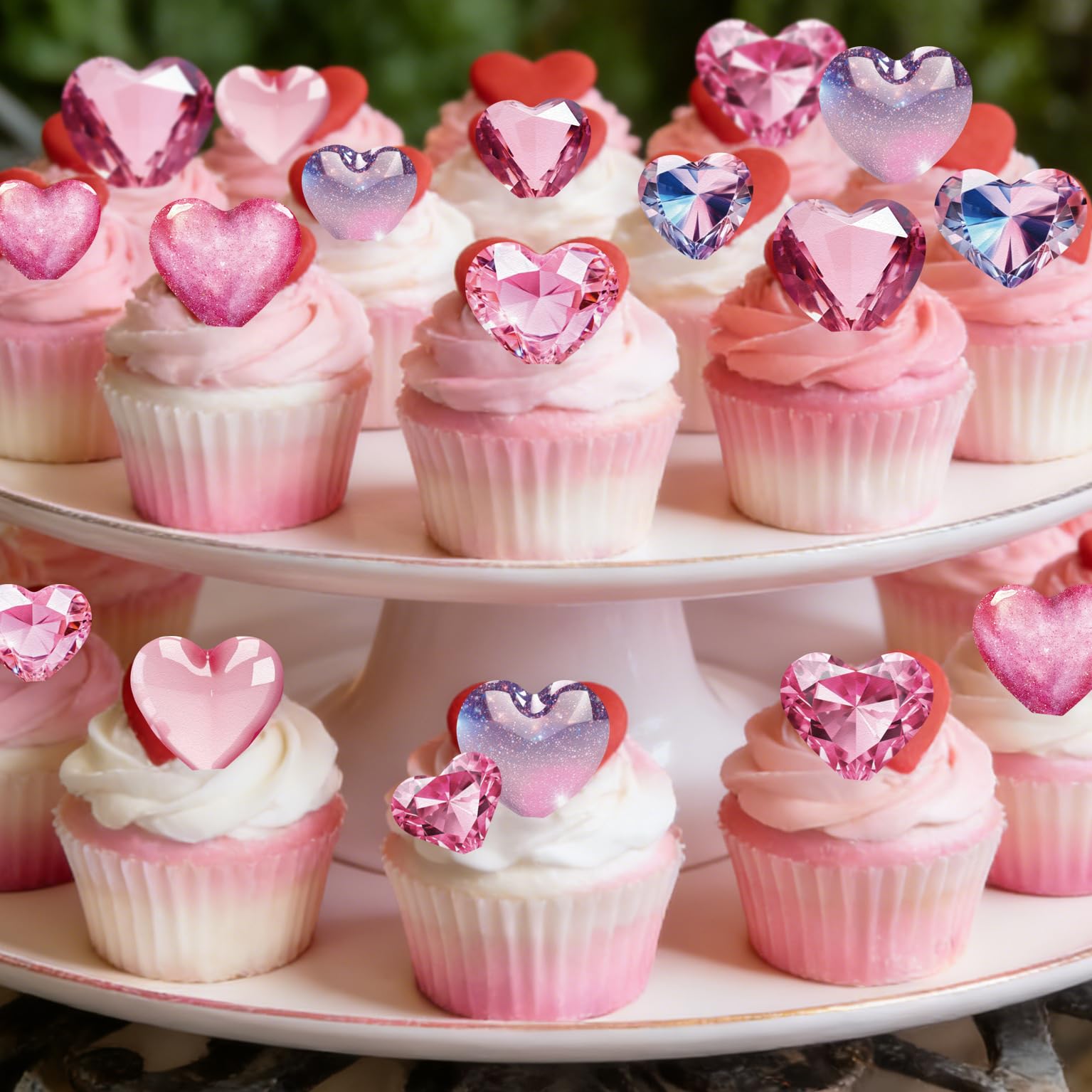 Fyeoxle pink diamond heart decor ideal for cupcakes and treats.