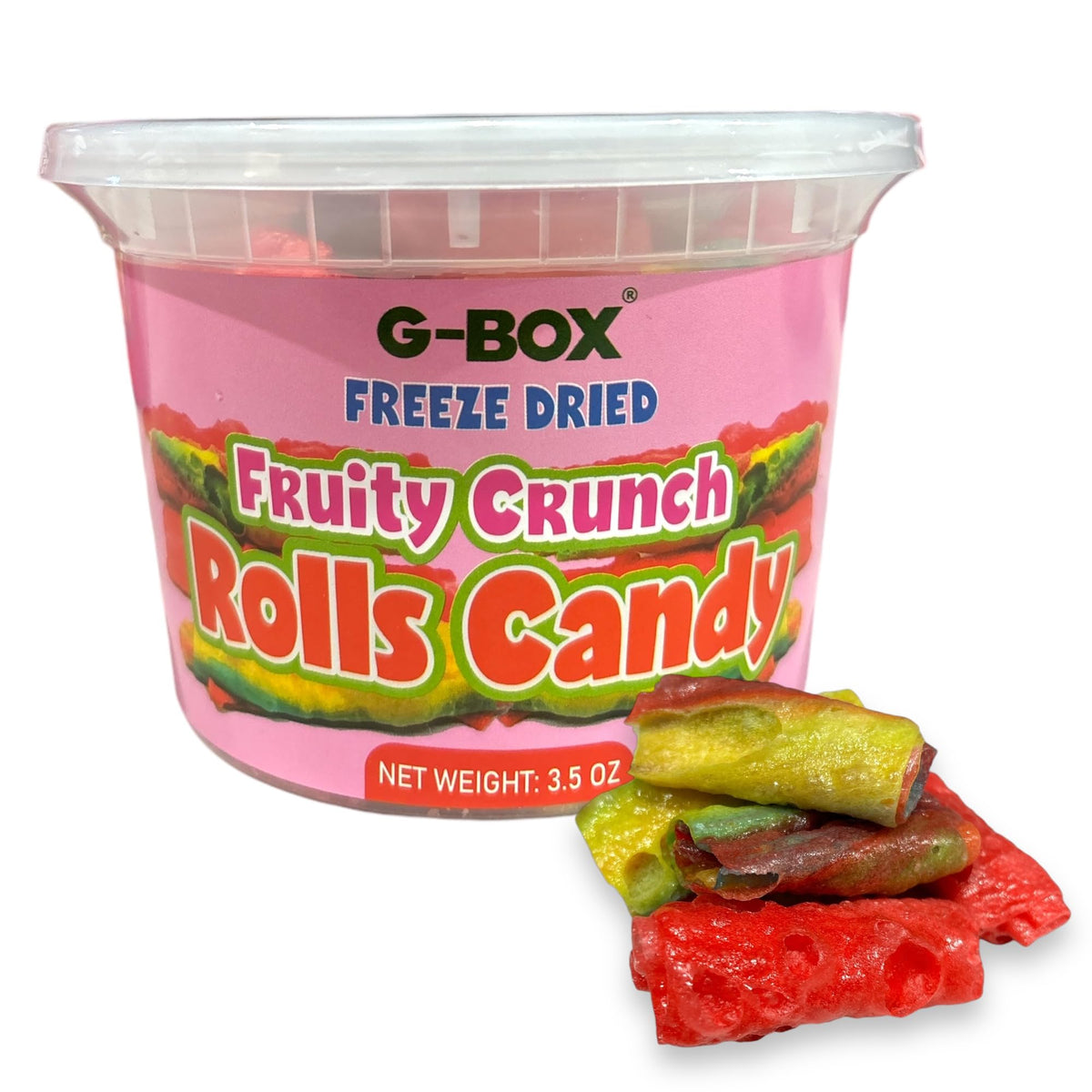 G-BOX freeze-dried fruity crunch rolls close-up, crisp texture ideal for on-the-go snacking.