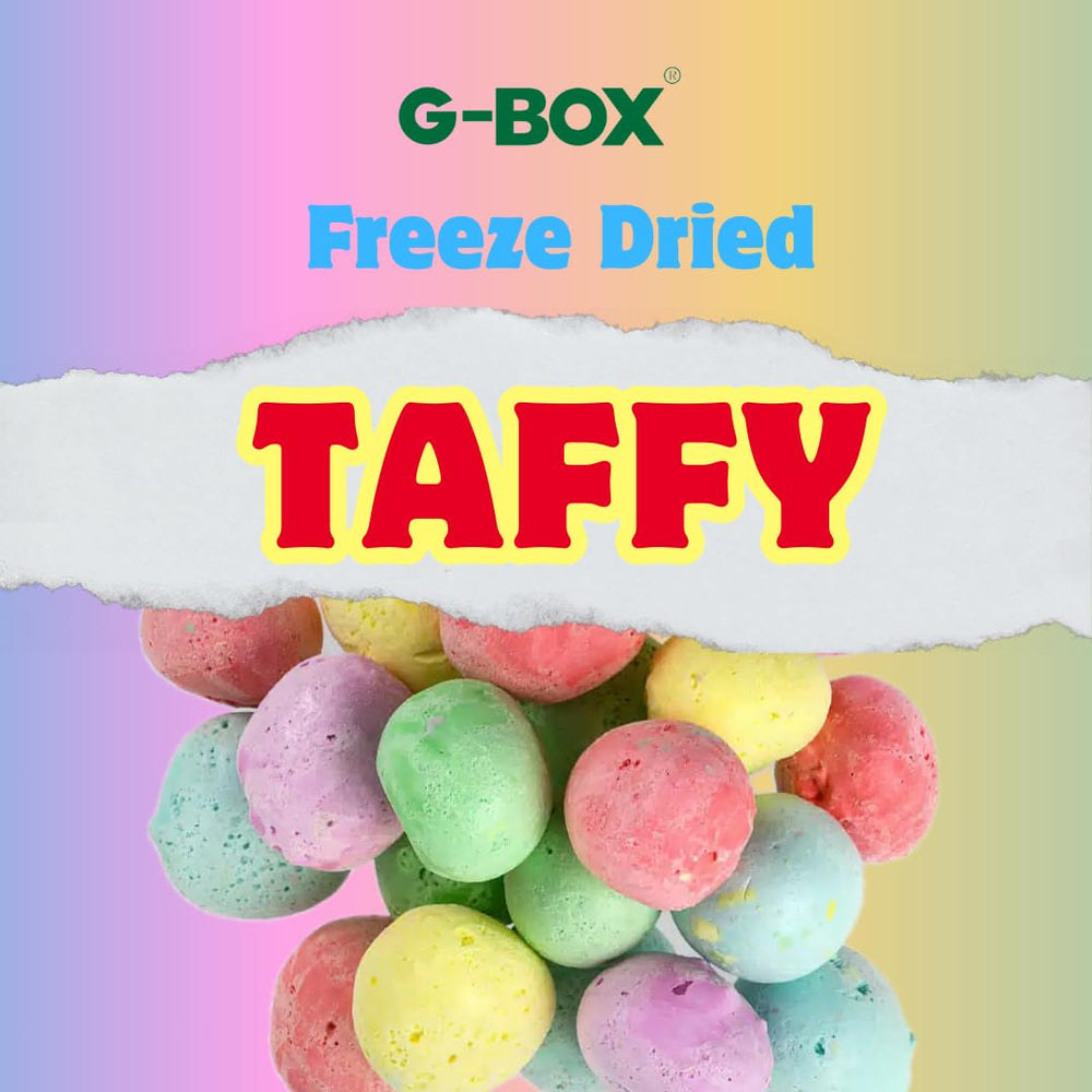 G-BOX Freeze Dried Taffy crunch highlights bold pink cotton candy flavor for on-the-go snacking.