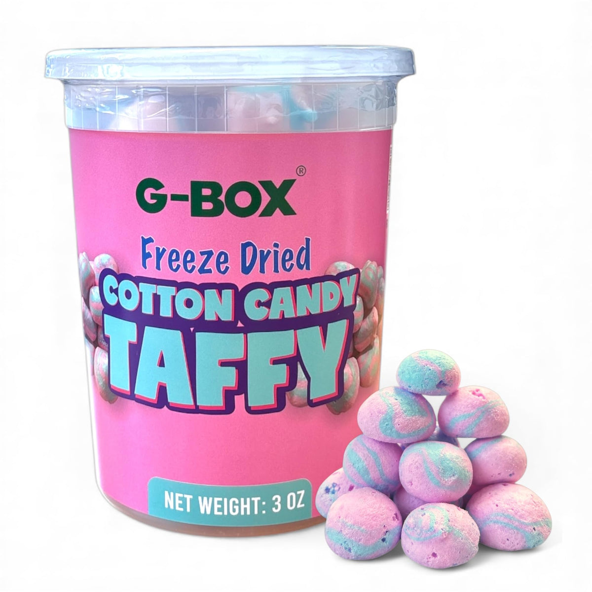 G-BOX Freeze Dried Taffy pink cotton candy bites deliver crispy nostalgia.