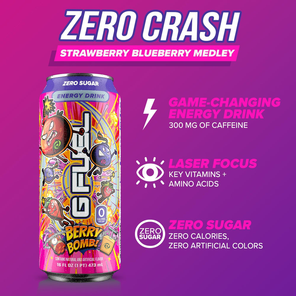 Bubbles rise in a glass of G Fuel Berry Bomb during prep