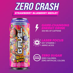 Bubbles rise in a glass of G Fuel Berry Bomb during prep