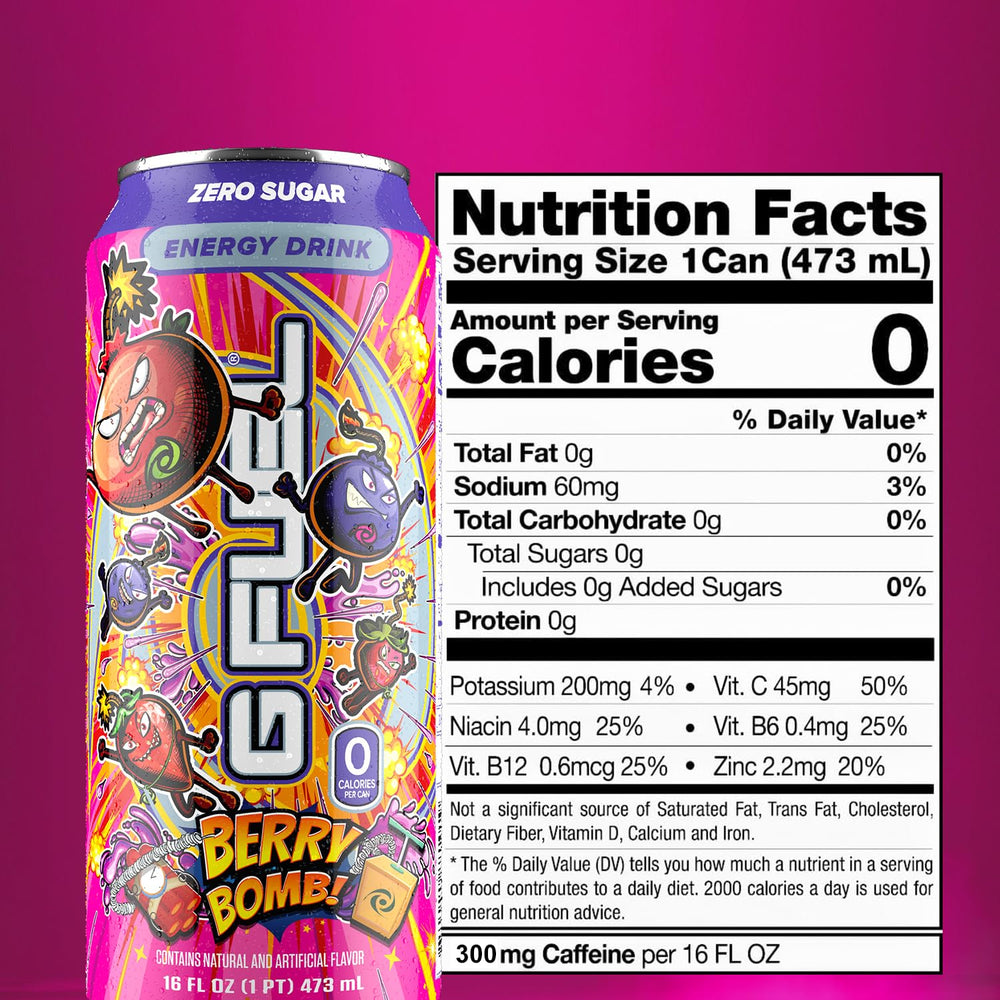 Close-up of G Fuel Berry Bomb can highlighting sugar-free, steady energy