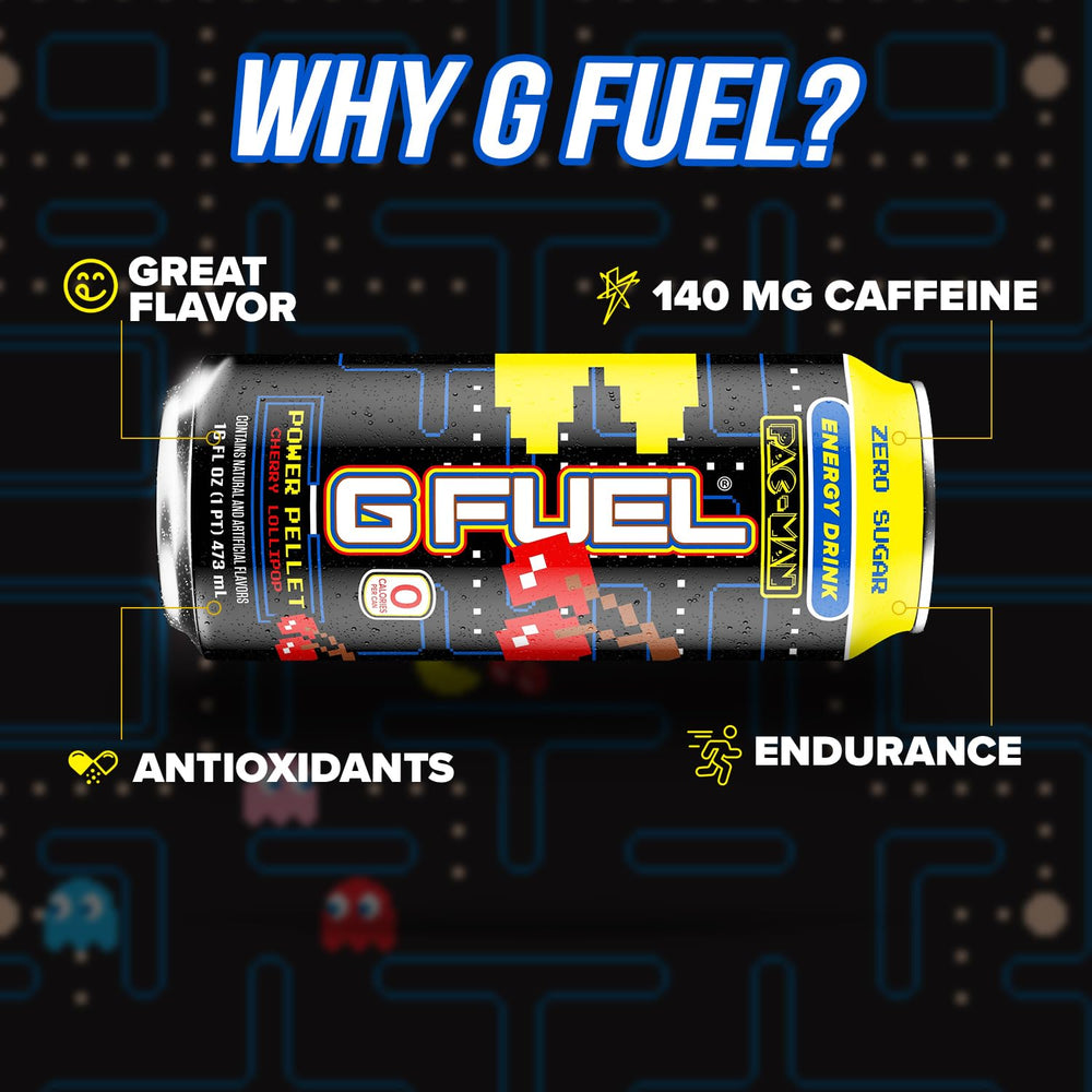 G Fuel Cherry Lollipop on a gaming desk scene emphasizing focus and endurance.