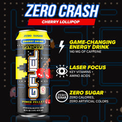 G Fuel Cherry Lollipop packaging with vitamins and antioxidants notes.