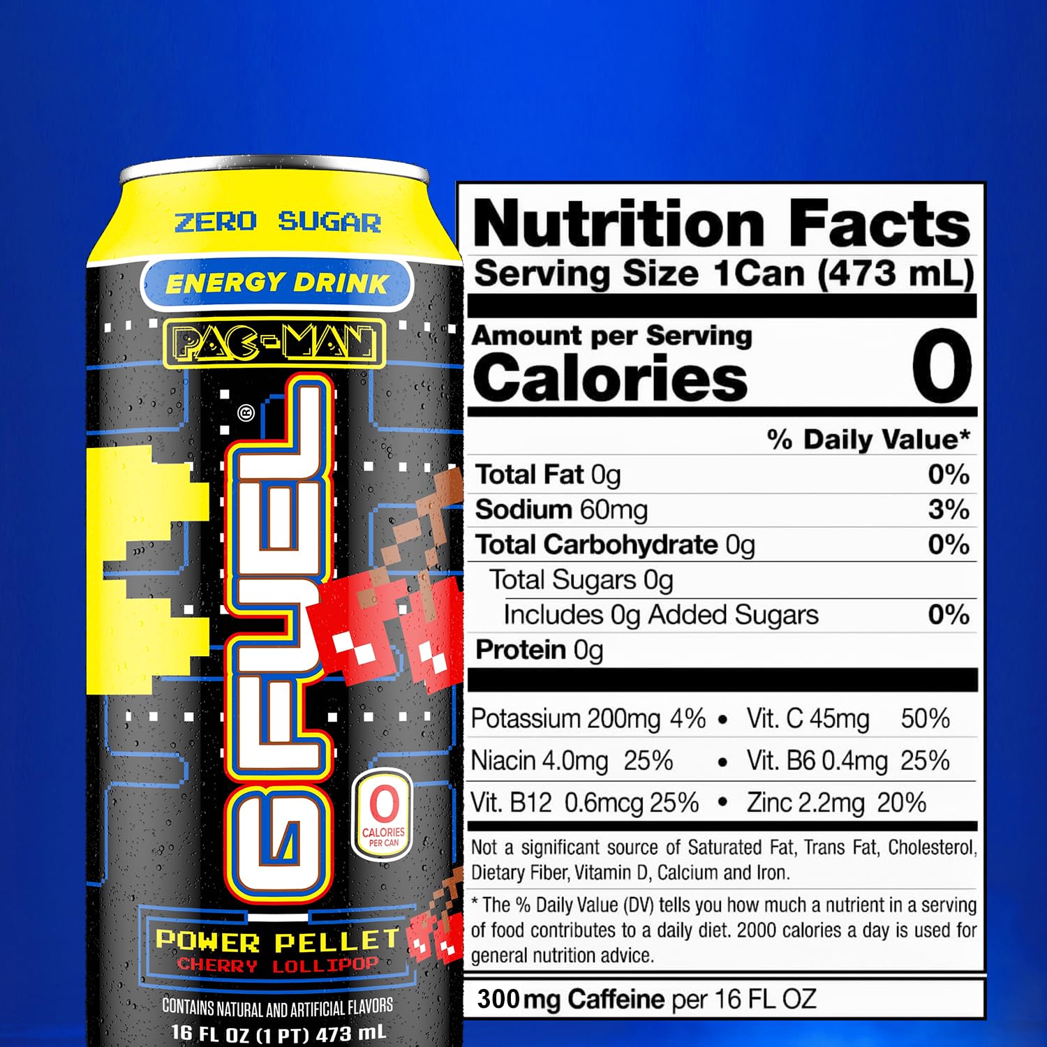 G Fuel Cherry Lollipop Pac-Man themed can on a bright workspace.
