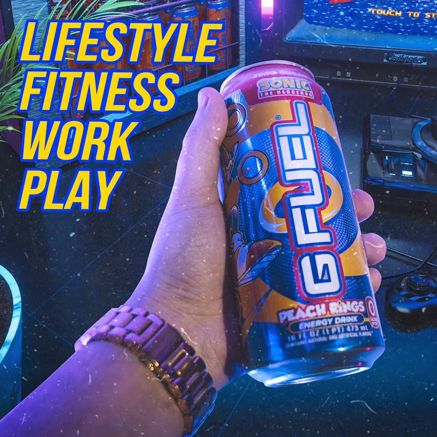 G Fuel Peach Rings can with label graphic highlights caffeine and vitamins