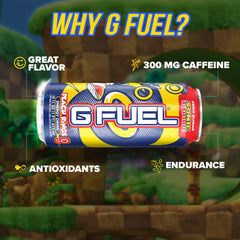 G Fuel Peach Rings can on desk suggests focus-ready energy for gaming