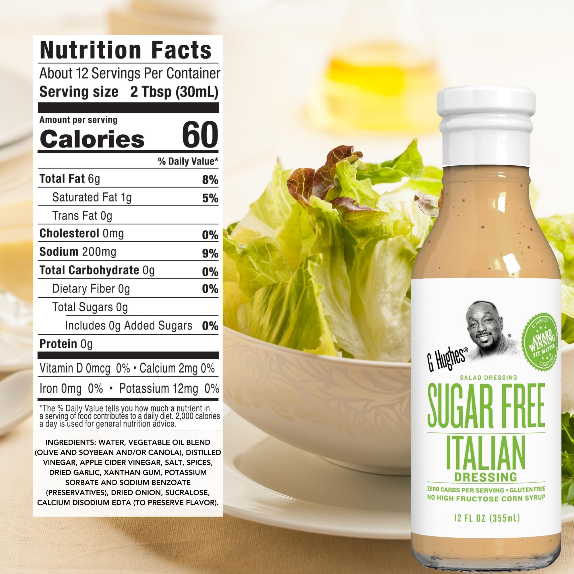 G Hughes Sugar-Free Balsamic Vinaigrette bottle on a colorful plate for bold finish