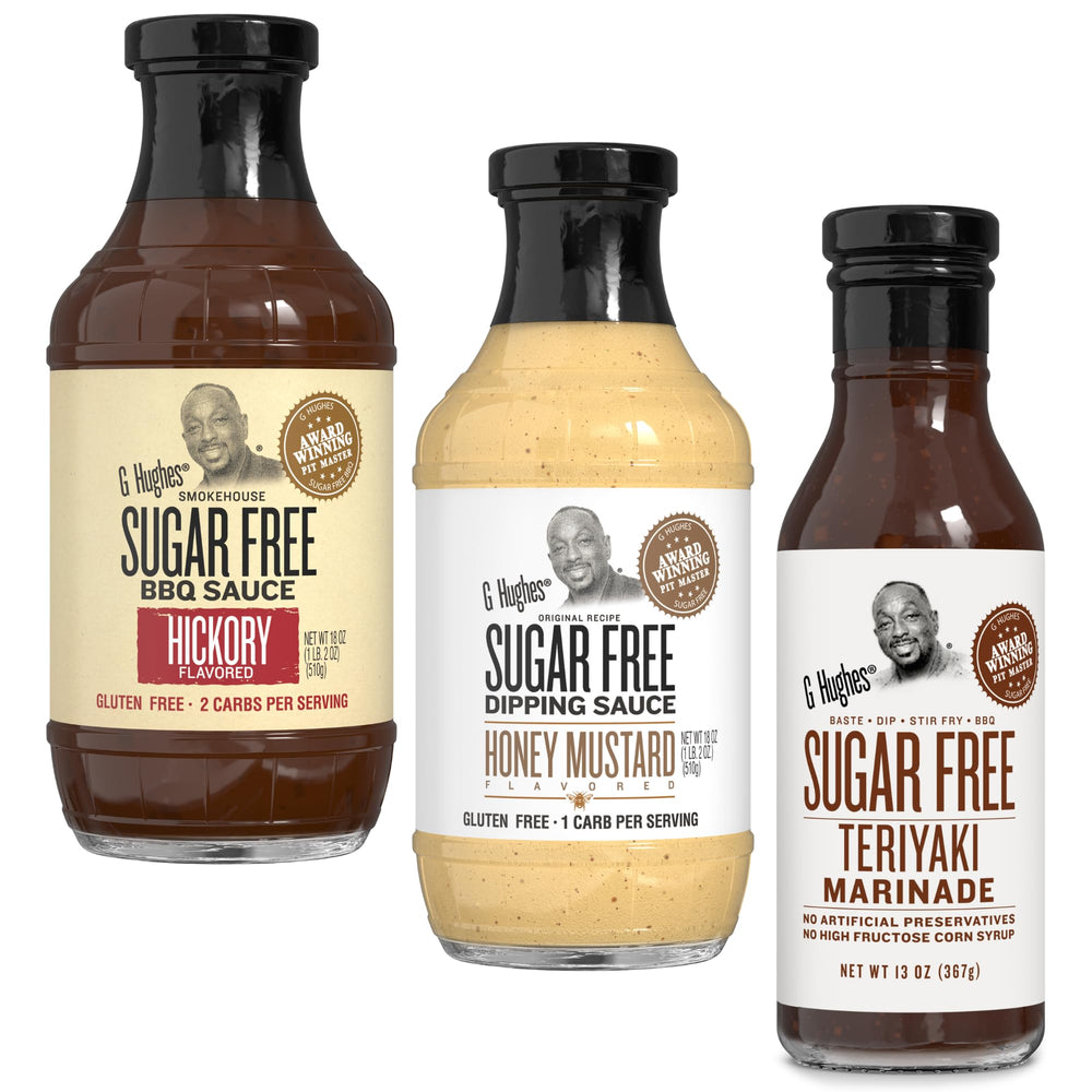 G Hughes Hickory Sugar Free BBQ Sauce bottle pour highlighting smoky flavor