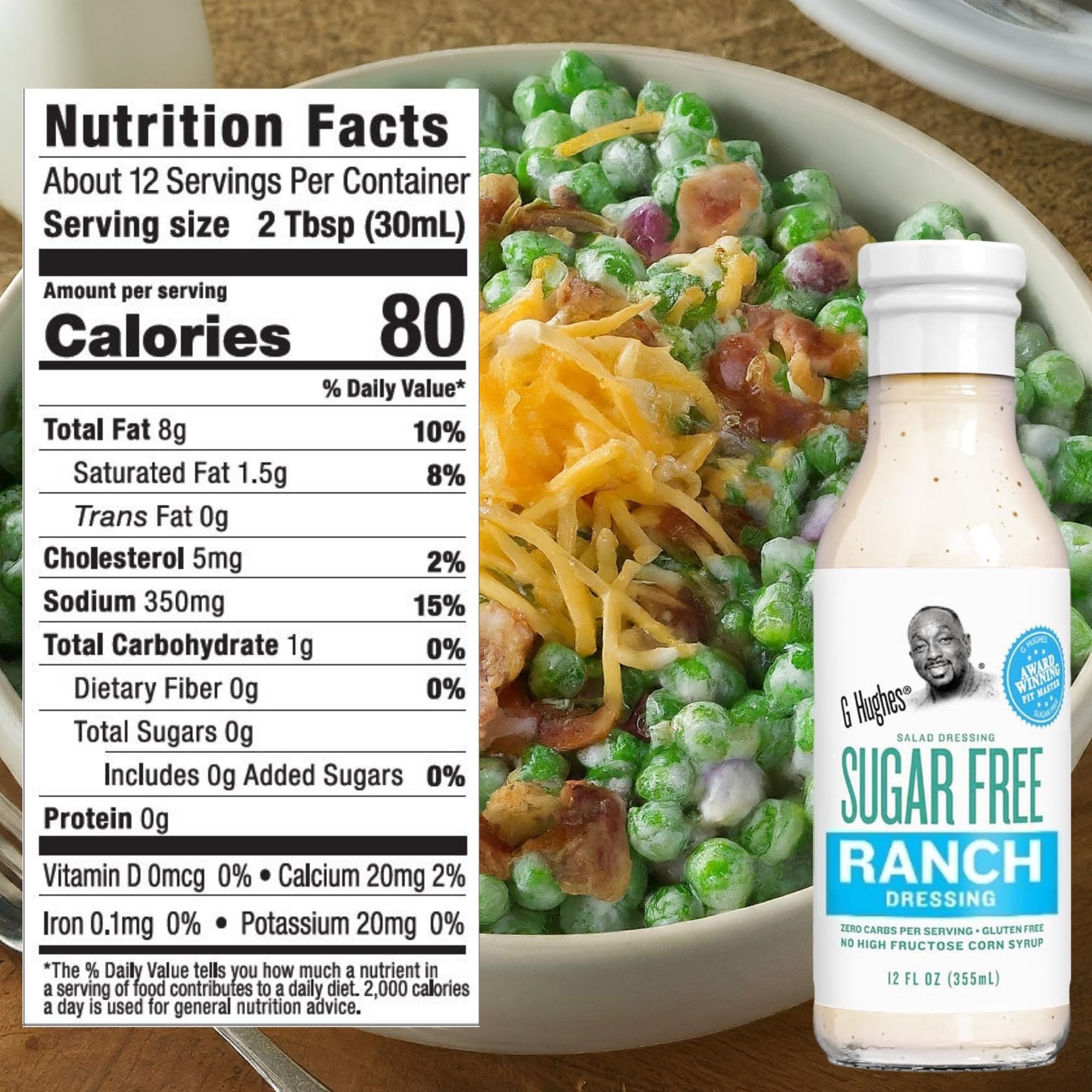 G Hughes Sugar-Free Italian bottle beside greens, delivering zesty flavor without sugar