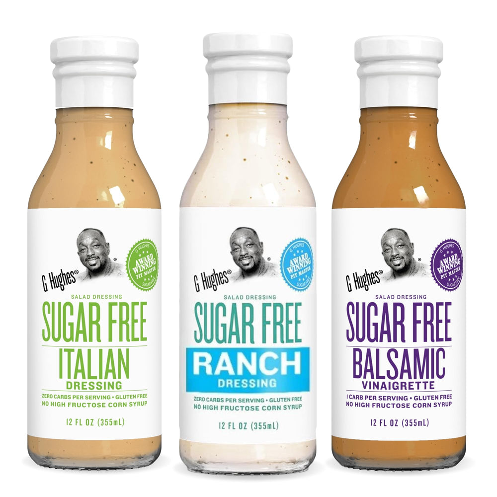 G Hughes Sugar-Free Ranch bottle on a fresh salad, ideal for keto meals