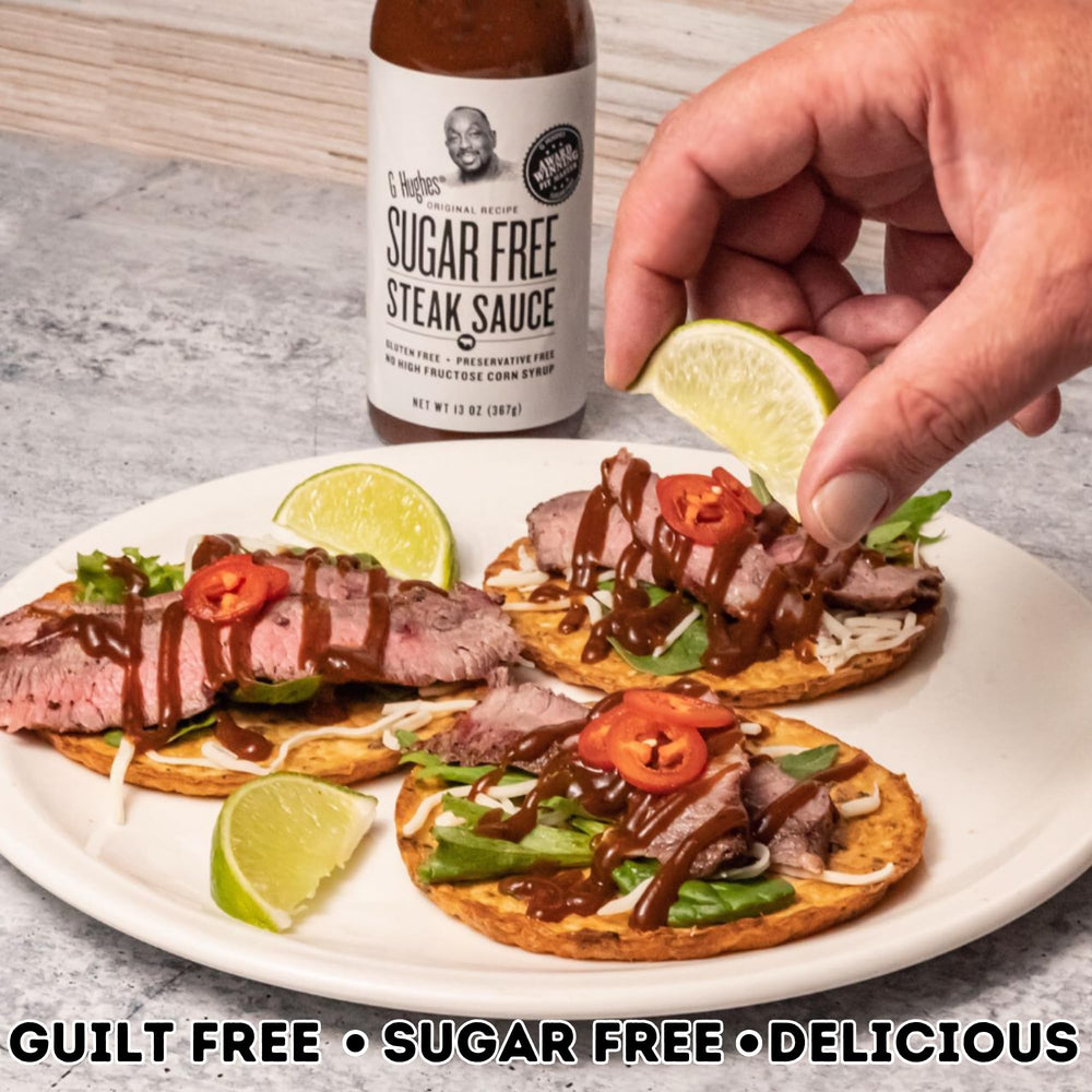 G Hughes Sugar Free Steak Sauce dipping plate for fries or wings.