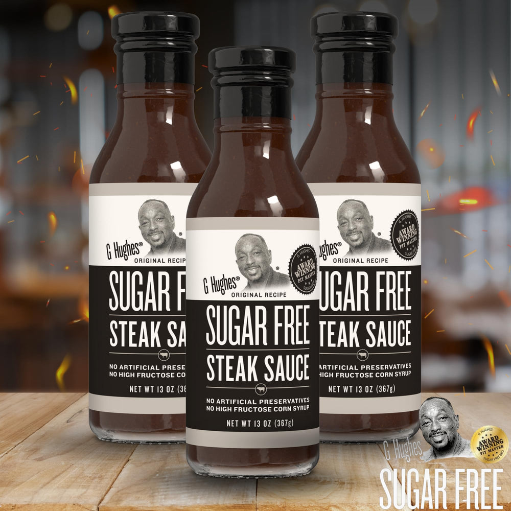 G Hughes Sugar Free Steak Sauce on grilled steak boosting flavor.