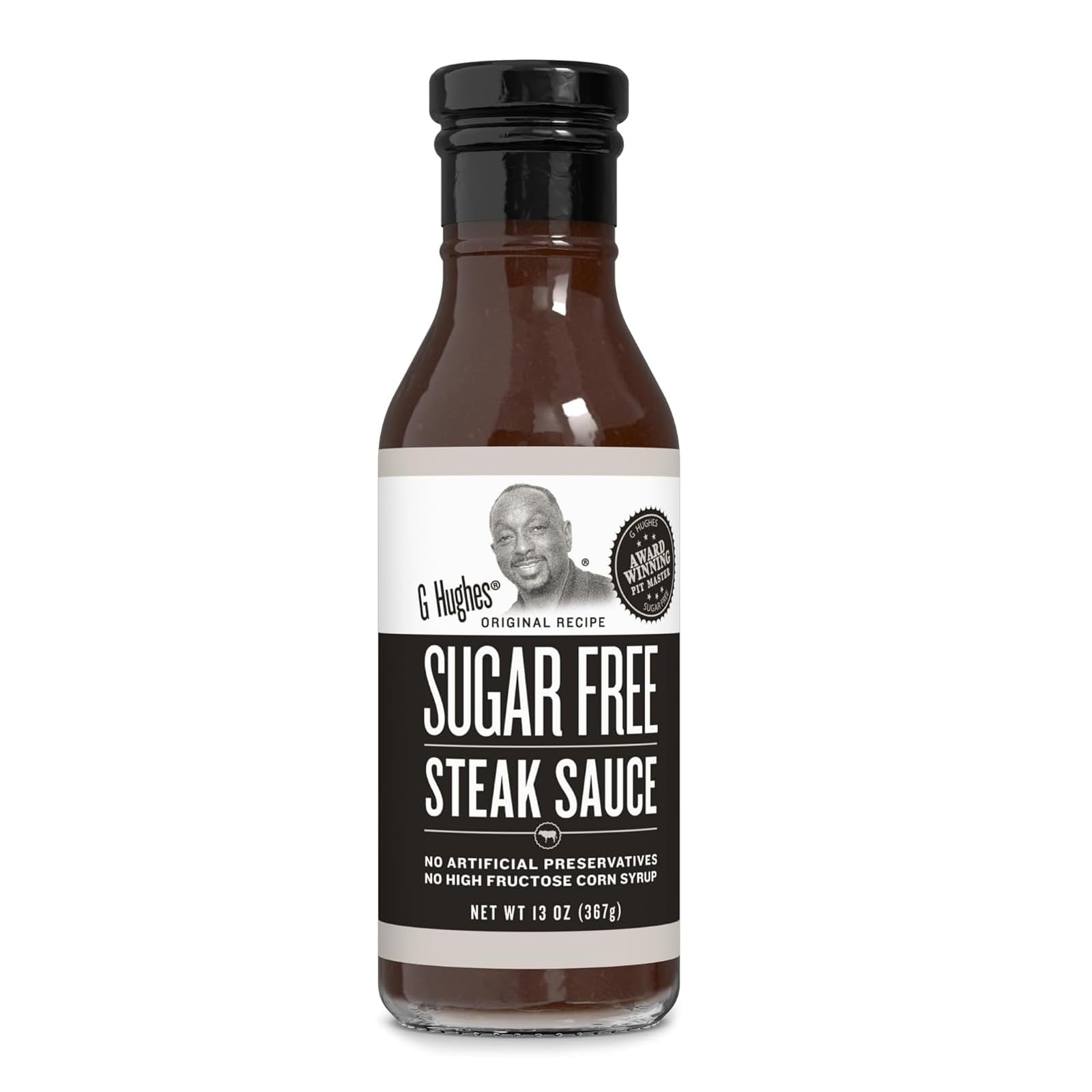 G Hughes Sugar Free Steak Sauce label closeup showing gluten free and no added sugar.