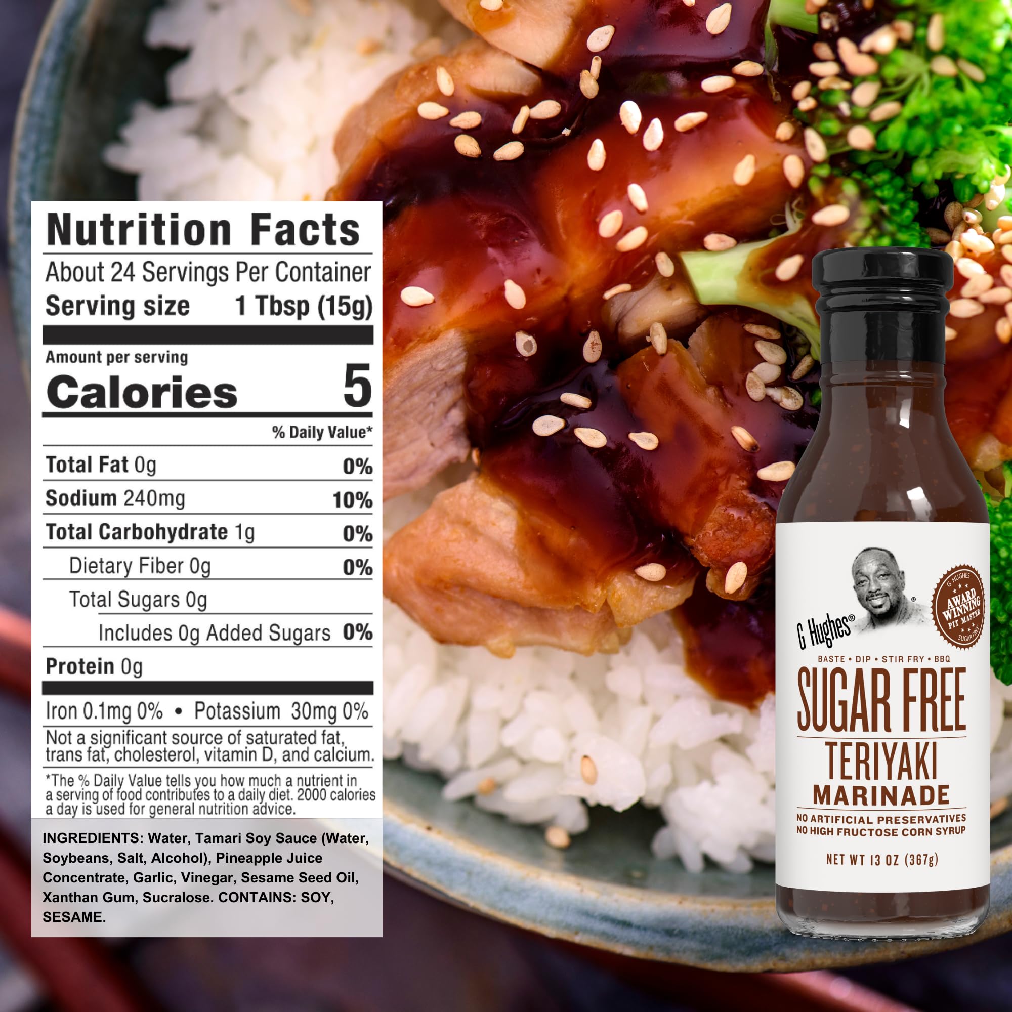 G Hughes Teriyaki Sugar Free Marinade bottle glaze on grilled meat