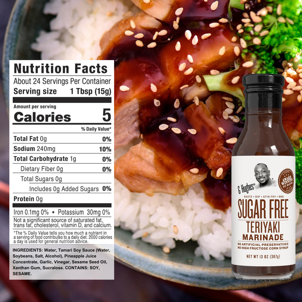 G Hughes Teriyaki Sugar Free Marinade bottle glaze on grilled meat